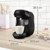 Bosch Tassimo Happy Friendly TAS102E Macchina per caffè a capsule, 70+ bevande, Adatta a tutte le tazze, Auto-Stop, Sostenibile, Dosaggio perfetto, Salvaspazio, 1400 W, Nero