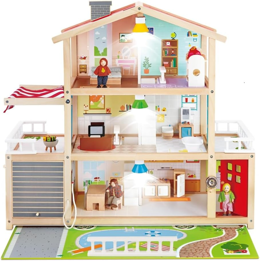 Hape Doll's Villa Casa delle bambole in legno con 10 stanze Gioco di ruolo creativo con mobili e accessori Giocattolo educativo per bambini dai 3 anni in su