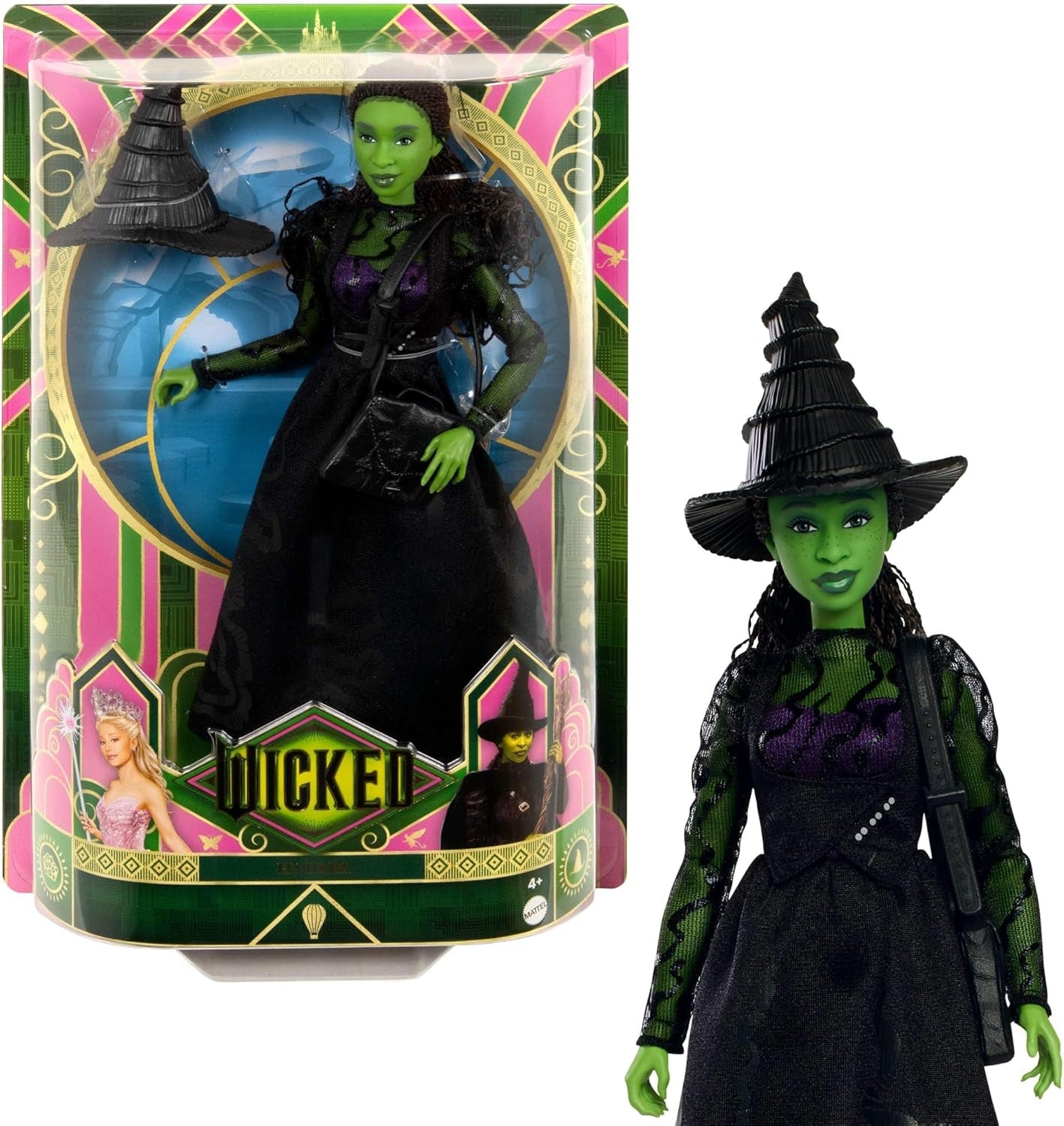 Mattel Wicked Elphaba Fashion Doll e accessori con pelle verde, capelli intrecciati neri, varie pose possibili e abito da ballo staccabile, HXT62, [Multicolore]