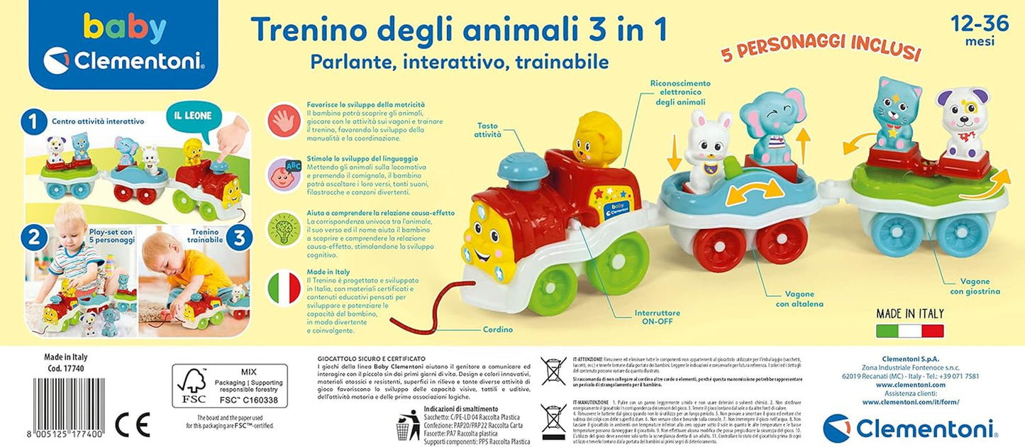 Clementoni Animali-3 Trenino Elettrico Parlante Interattivo Espandibile per Bimbo da 1 Anno (Versione Italiana) Made in Italy Multicolor 17740 Jucarii Bebe Naty Shop