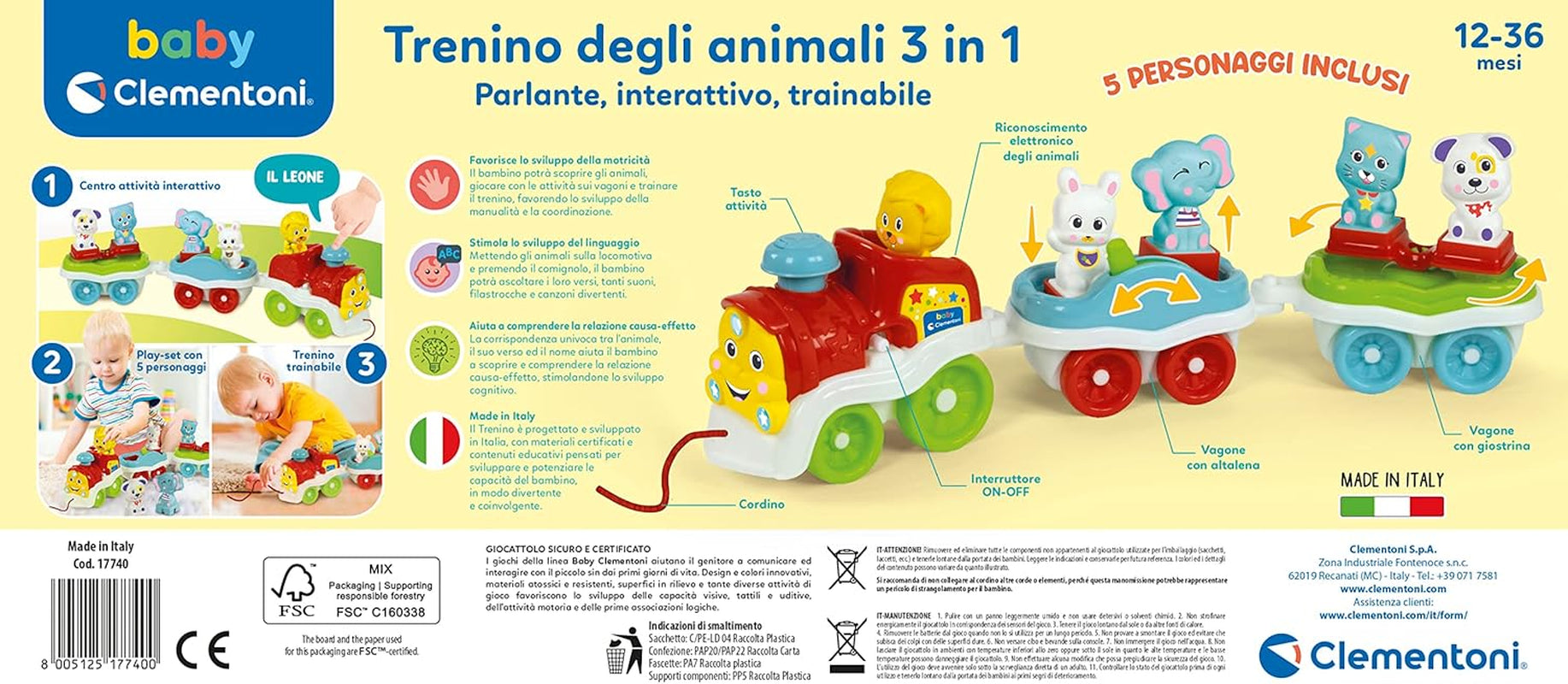 Clementoni Animali-3 Trenino Elettrico Parlante Interattivo Espandibile per Bimbo da 1 Anno (Versione Italiana) Made in Italy Multicolor 17740 Jucarii Bebe Naty Shop