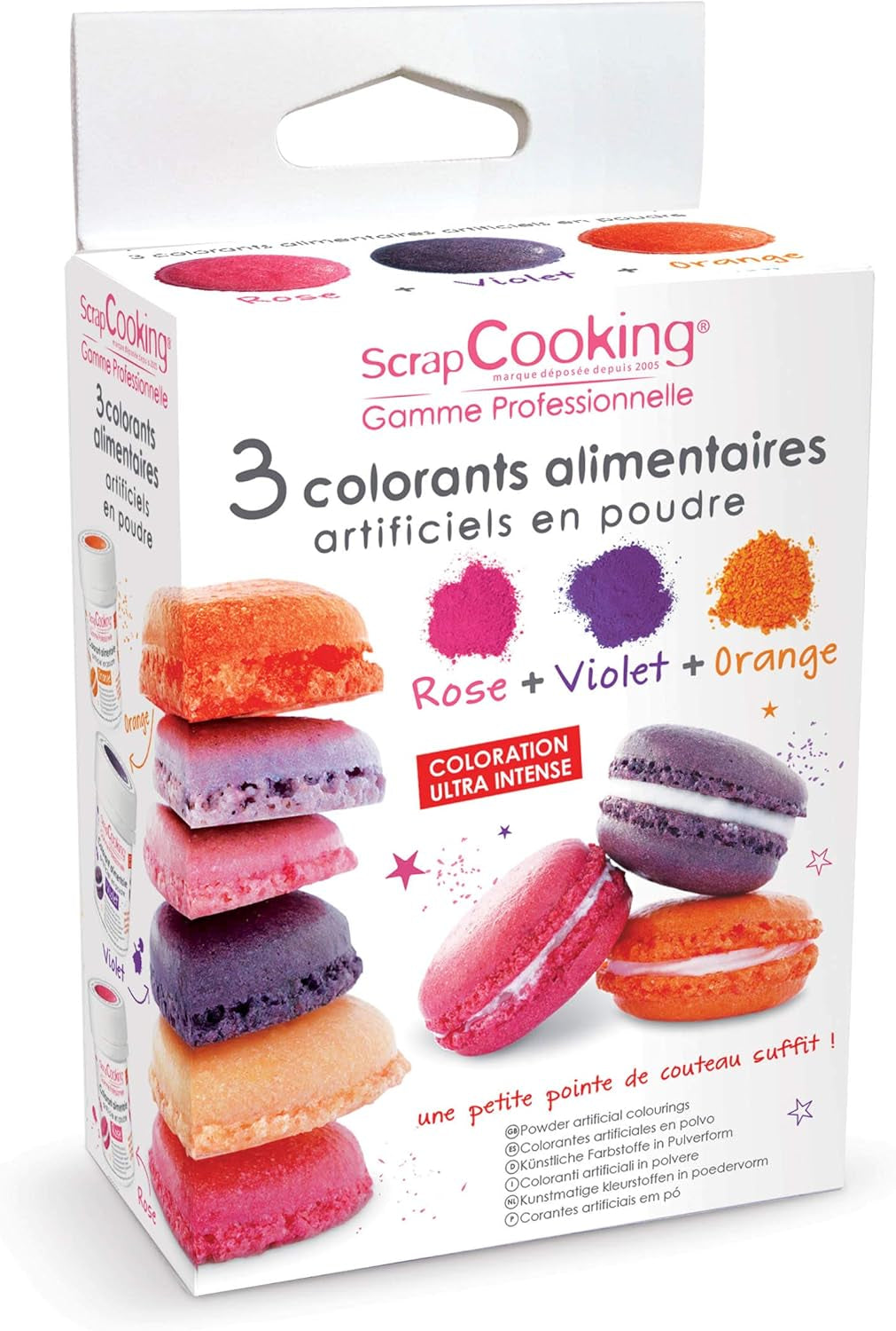 3 coloranti alimentari: arancione, viola, rosa