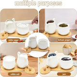 Set latte e zucchero con coperchio e cucchiaio, lattiera e contenitore zucchero in ceramica 5 parti con tavoletta in legno, contenitore latte e zucchero per cucina, caffè, forno microonde e lavastoviglie (bianco)