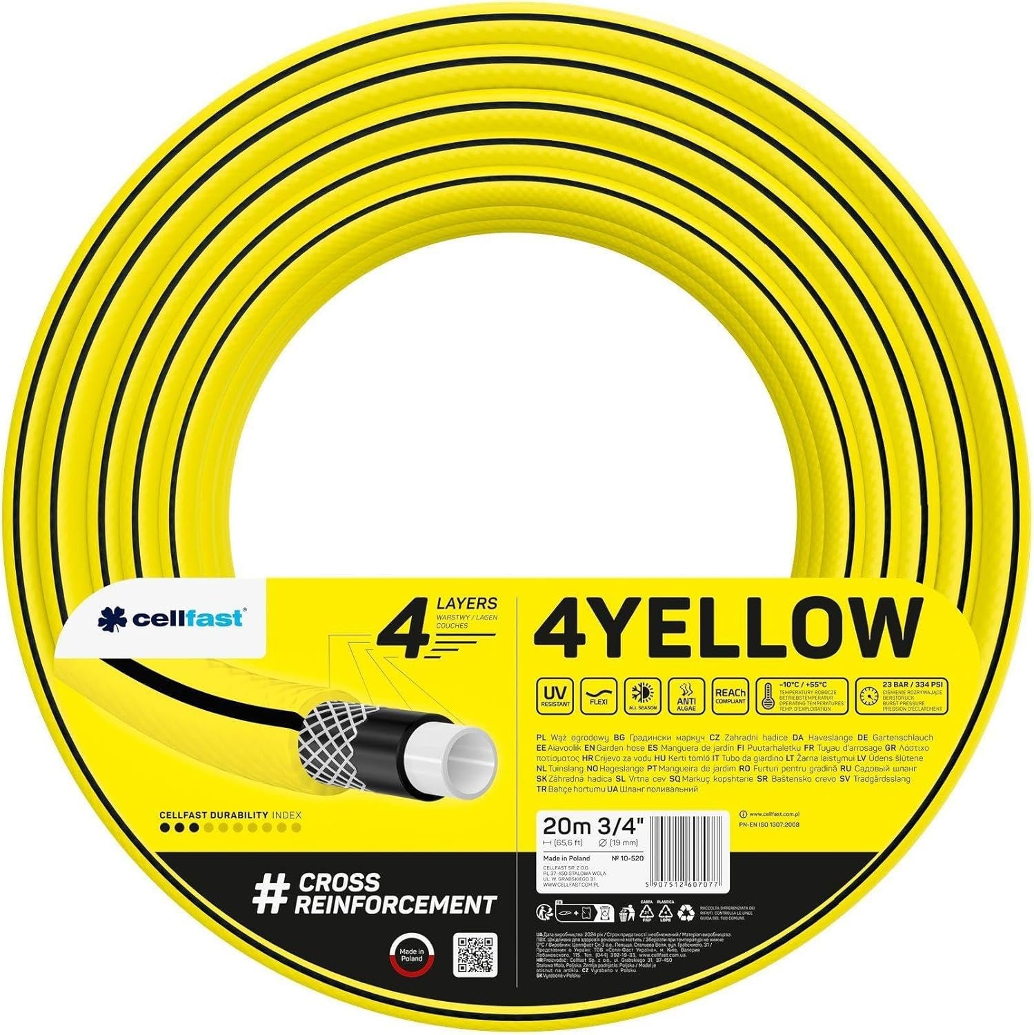 Tubo da giardino Cellfast GIALLO, leggero, durevole, 4 capi, treccia incrociata durevole, resistente ai raggi UV e alle alghe, antitorsione, tecnologia REACH, 20 bar, -10/+50°C, chiusura 3/4", 20 m