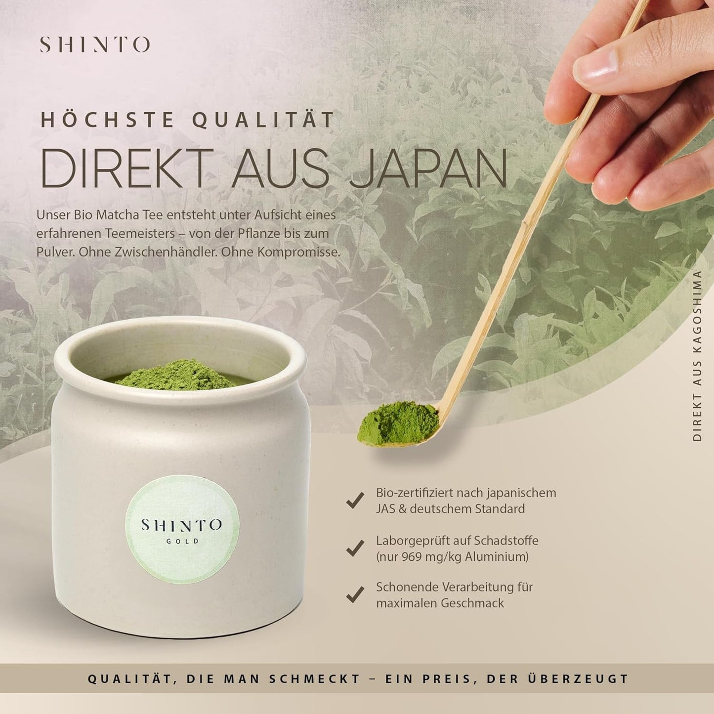 Shinto - Tè Matcha biologico "Oro" - Polvere di tè verde di grado cerimoniale - Certificato JAS e EU BIO - Ombreggiato e raccolto a mano - Importazione diretta da Uji, Giappone - 30g