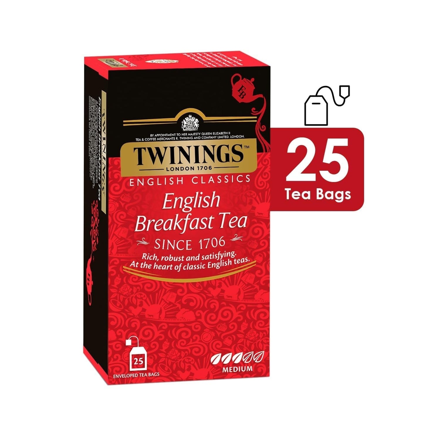 Twinings English Breakfast Black Tea 50g, 25 bustine di tè, tè nero pieno, rotondo e forte proveniente dalle migliori piantagioni di tè dello Sri Lanka e dell'India. Tè nero Confezione da 1 (1 x 50 g)