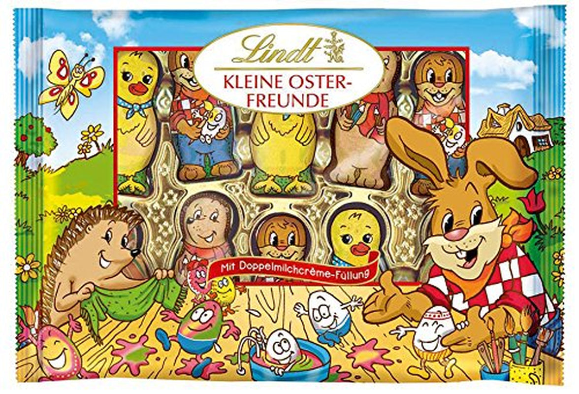 Piccoli Amici di Pasqua al Cioccolato | 2 x 100 g e Mini Uova Decorazione di Cioccolato con Latte Alpino | 2 bustine da 180 g | Uova di cioccolato al latte premium, confezionate in modo allegro e colorato, in quattro colori per Pasqua