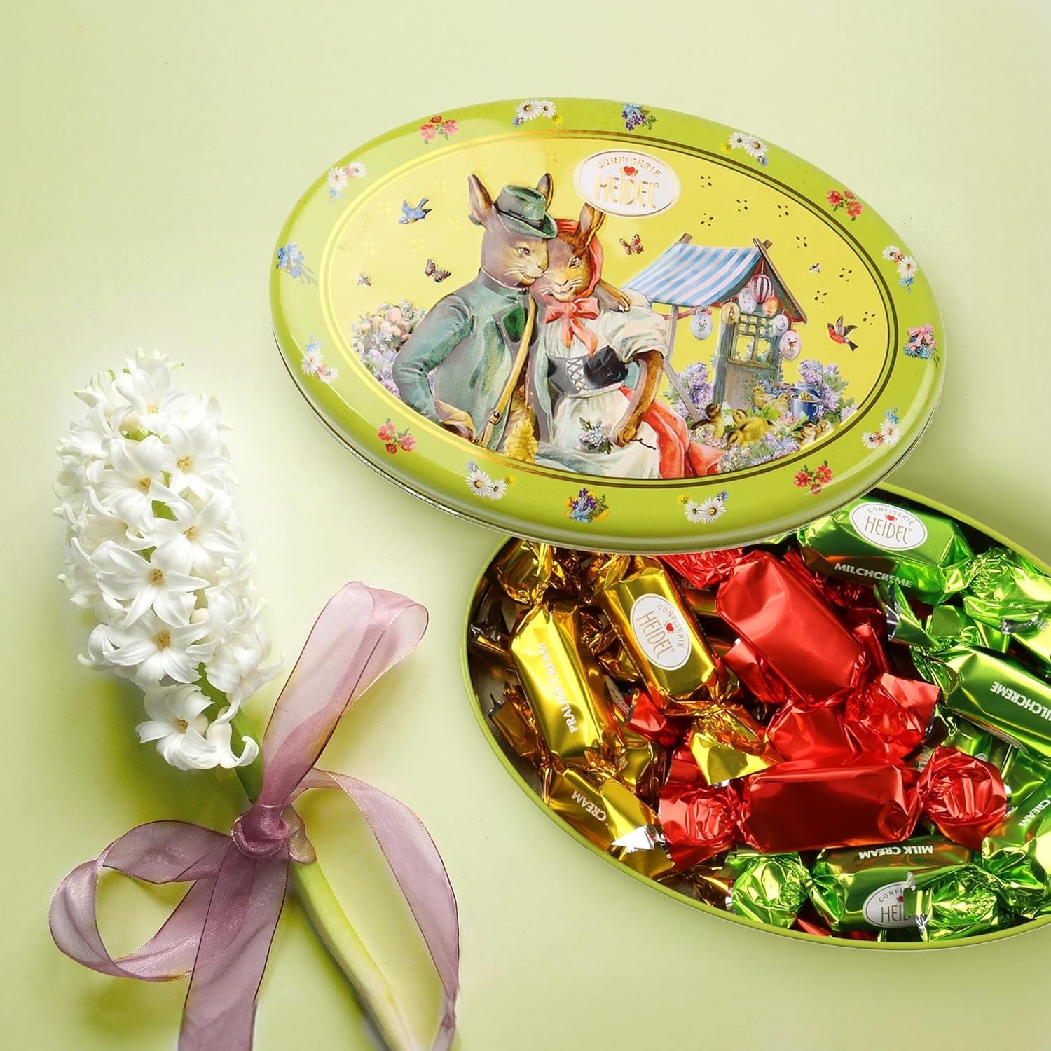 Confezione regalo Heidel Easter Card 183g, pralina di cioccolato al latte premium con scatola decorativa in metallo, ideale come regalo di Pasqua