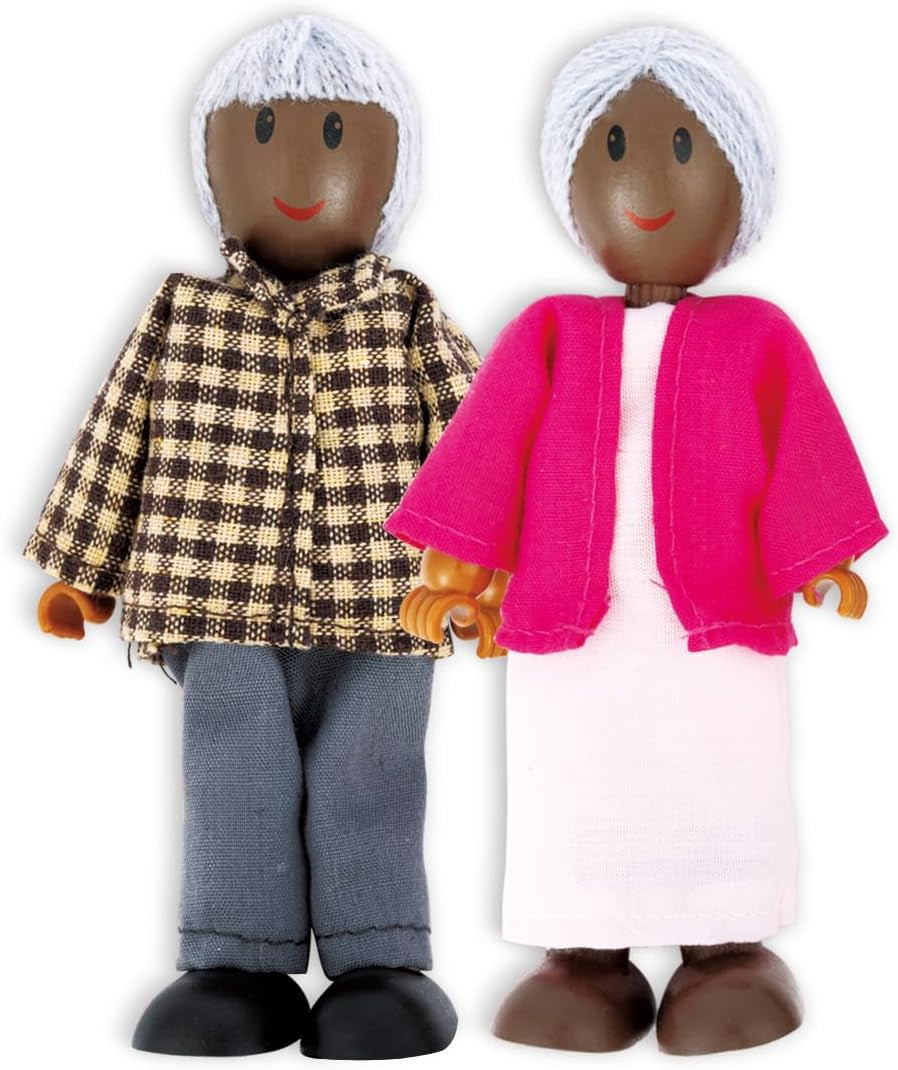 Hape Doll Family - Set di 6 accessori per casa delle bambole in pelle scura con figure in legno e tessuto, gioco di finzione, giocattolo educativo, giocattolo interattivo per bambini dai 3 anni in su