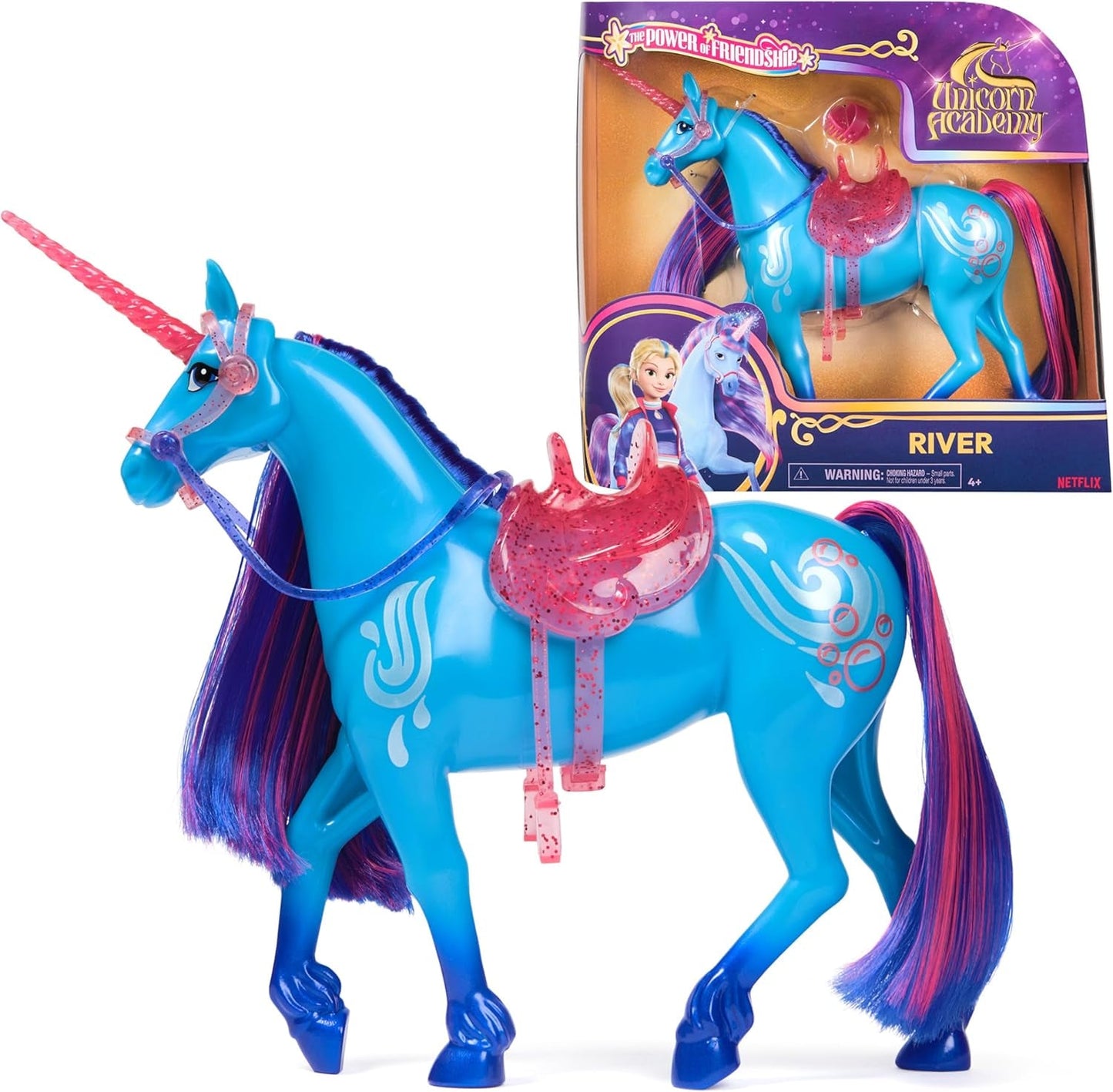 Unicorn River Unicorn Academy - Unicorno originale Isabel della serie Netflix alto 28 cm, con vera criniera e coda, briglie, sella e spazzola rimovibili, per bambini dai 4 anni in su