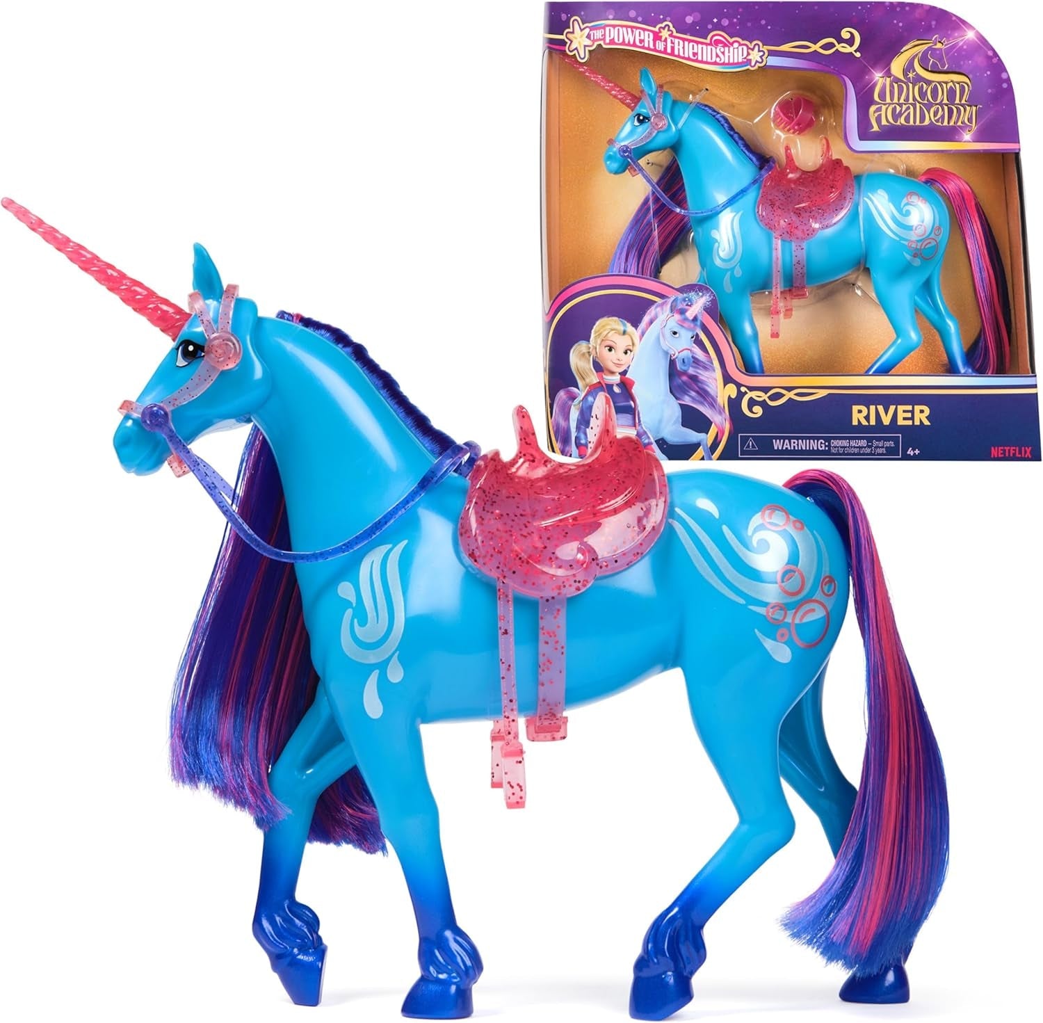 Unicorn River Unicorn Academy - Unicorno originale Isabel della serie Netflix alto 28 cm, con vera criniera e coda, briglie, sella e spazzola rimovibili, per bambini dai 4 anni in su