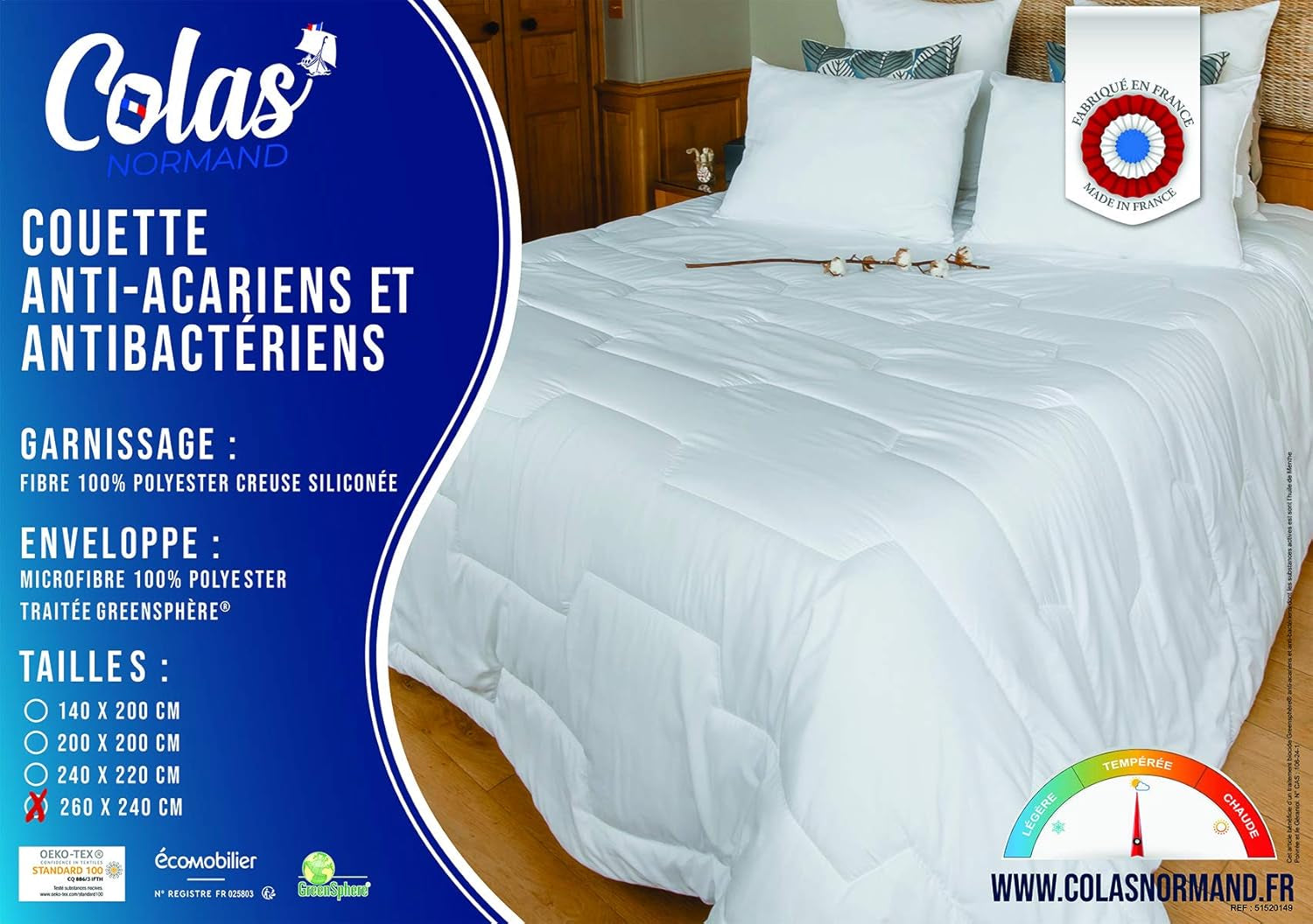 COLAS NORMAND trapunta, antiacaro e antibatterico, leggera, 260 X 240 cm, effetto duraturo, igiene perfetta, microfibra, morbida e confortevole, lavabile, bianco 53130250 Trapunte e trapunte Naty Shop