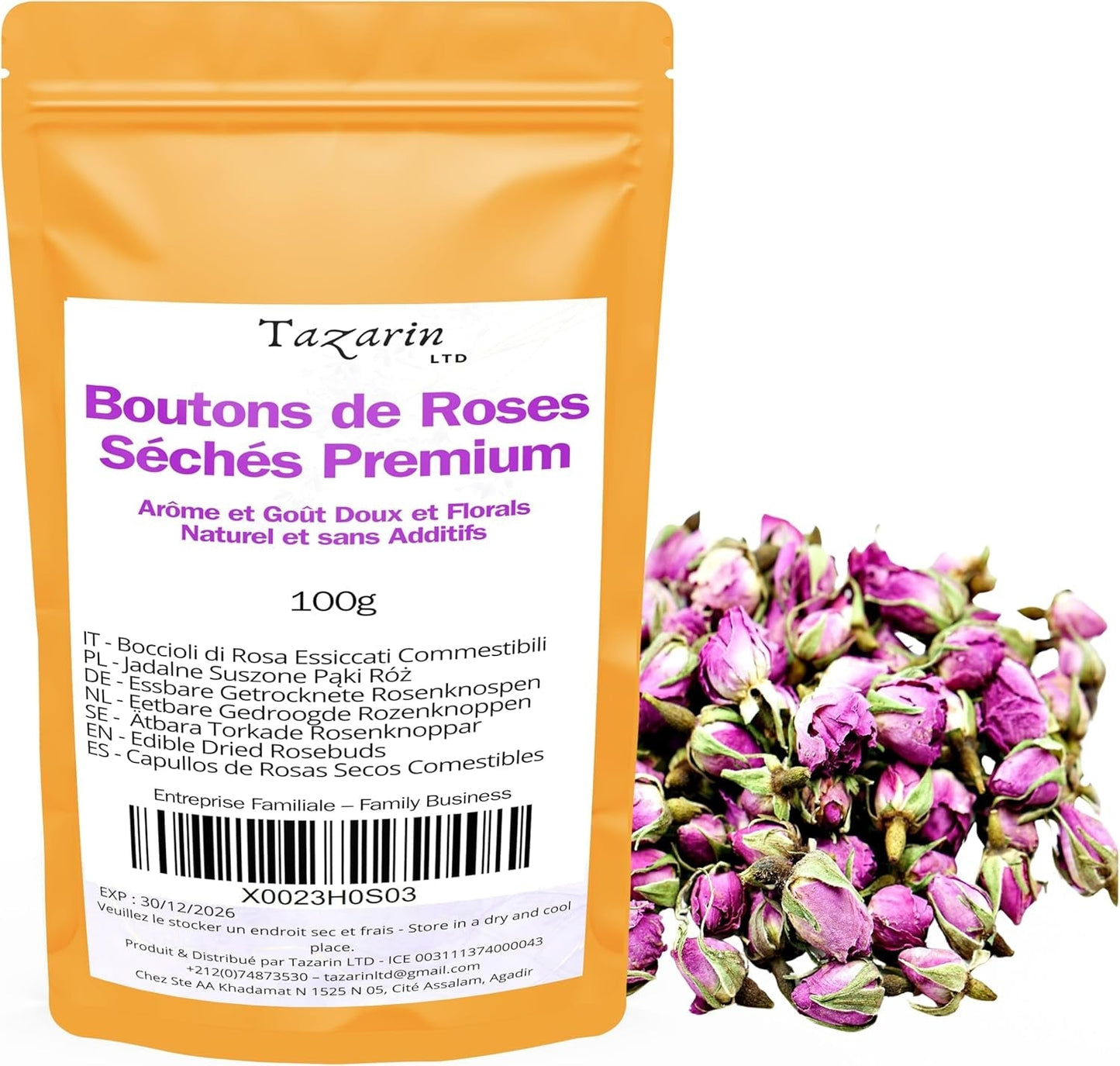 Boccioli di rosa commestibili premium da 100 g - infuso di petali di rosa Atlas essiccati - gusto e aroma dolce e floreale - 100% naturale, puro e senza additivi | Tazarin Ltd