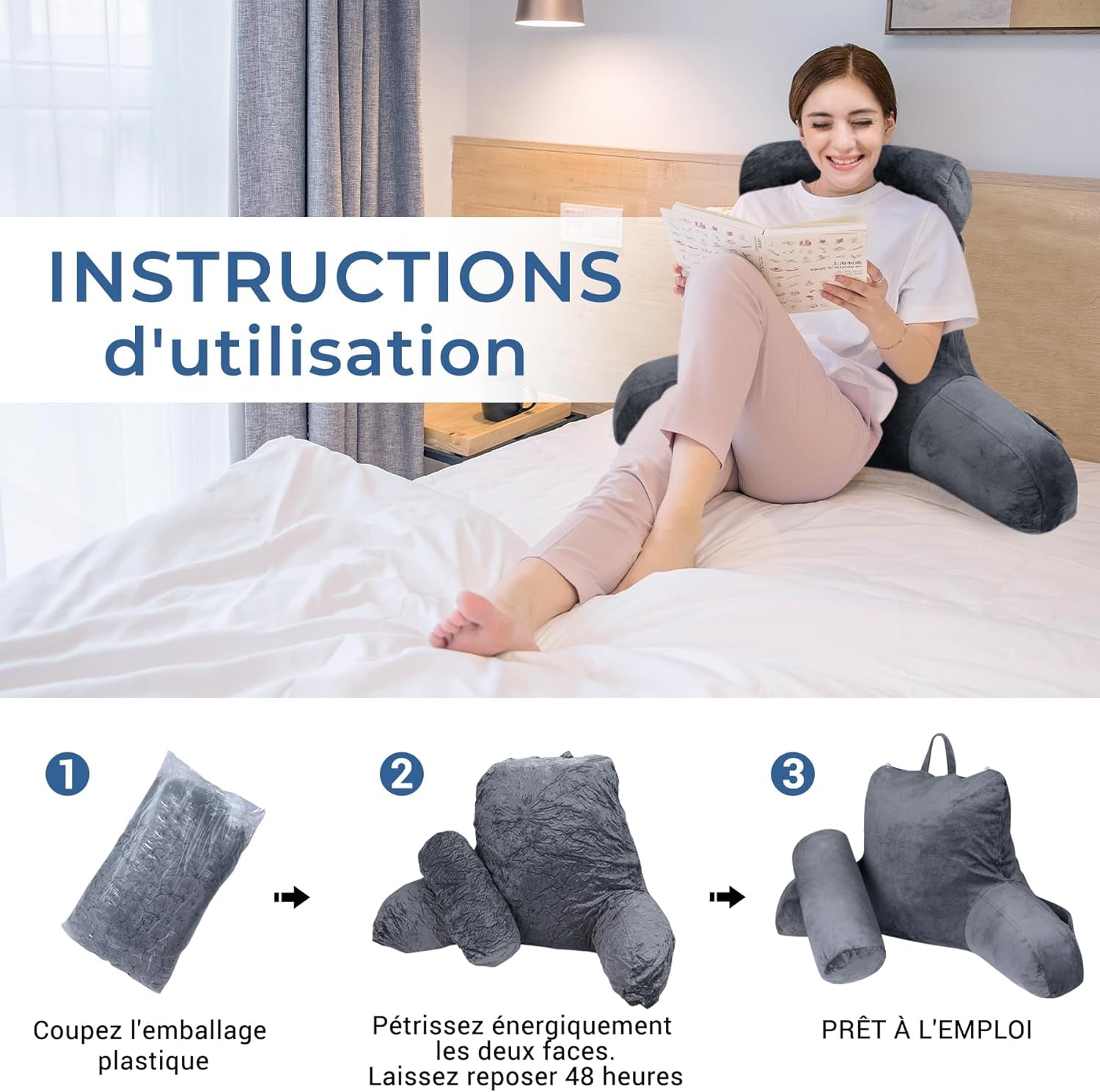 INFANZIA cuscino da lettura ergonomico con braccioli, supporto schienale in memory foam, grigio, M
