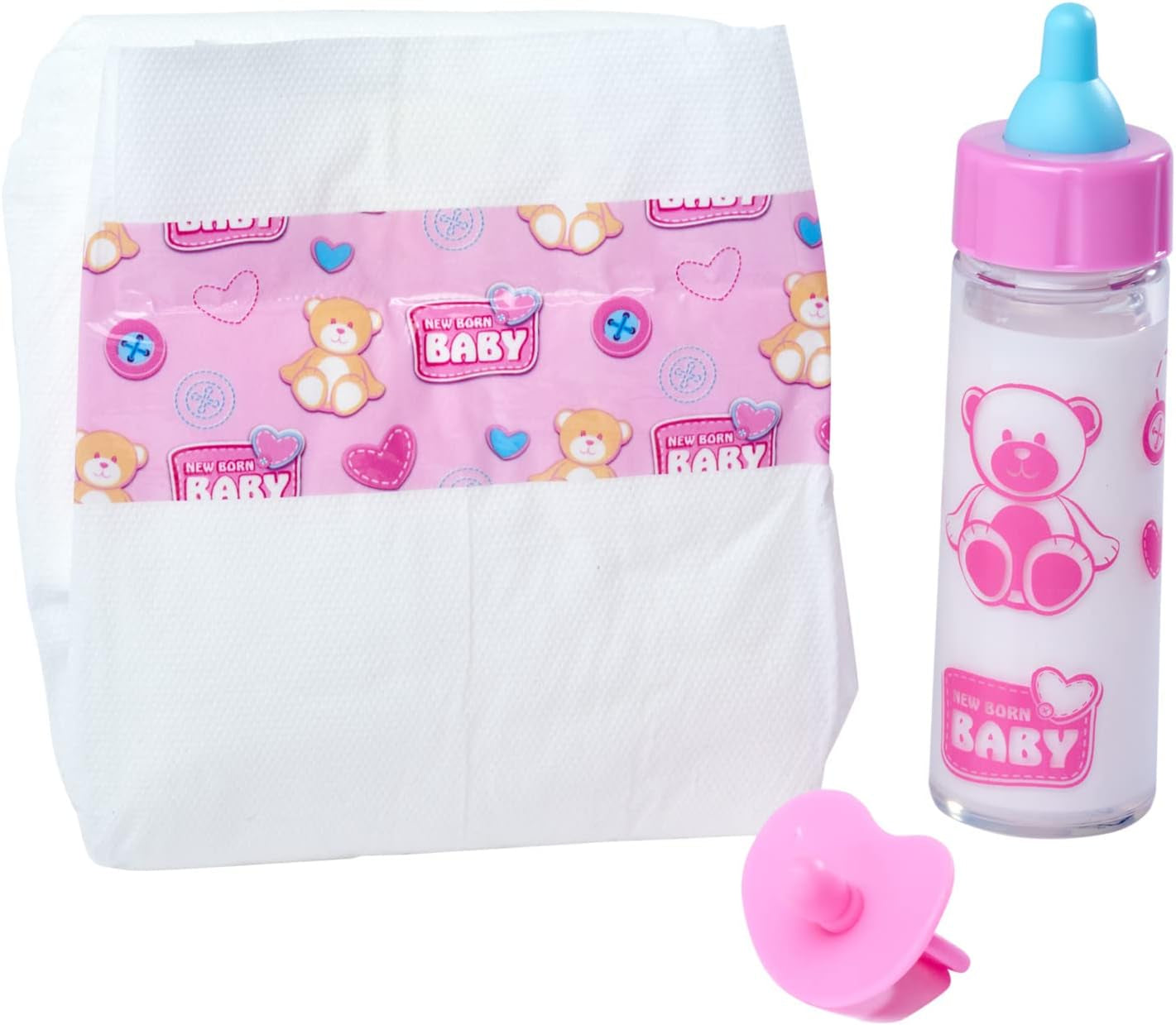Simba 105562487 - Set Primo Allattamento New Born Baby, ciuccio, pannolino e biberon con contenuto a scomparsa, per bambole da 38-43 cm Naty Shop Dolls Titolo predefinito