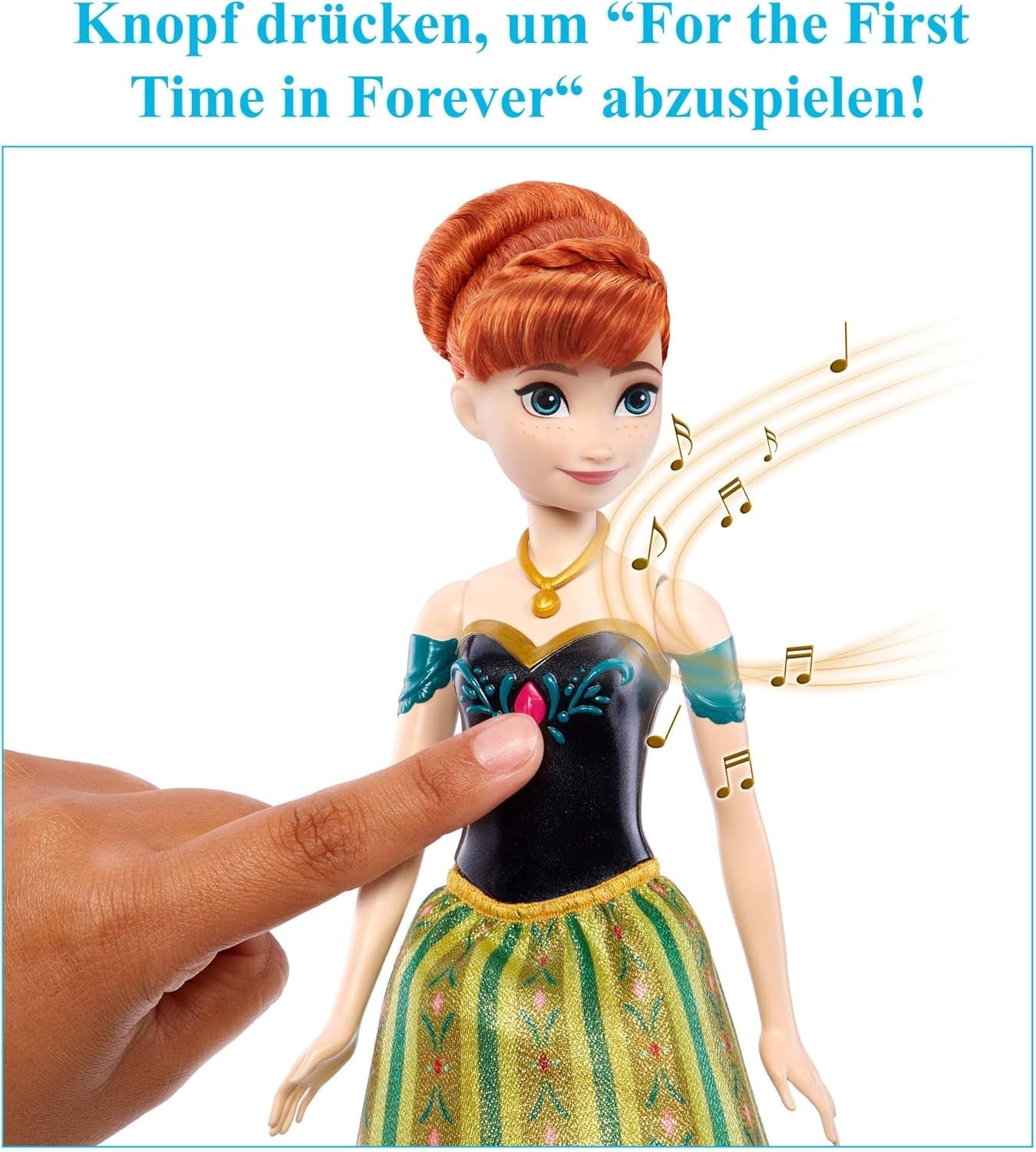 Mattel Toys Disney Frozen Anna Singing Fashion Doll in abito iconico canta "Per la prima volta" dal film Disney in inglese, francese, tedesco, italiano, JDL59