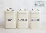 KitchenCraft Living Nostalgia Set di 3 barattoli per tè, zucchero e caffè in confezione regalo, Acciaio, Crema anticata, 11 cm x 11 cm x 17 cm, Scatole per alimenti blu vintage Naty Shop