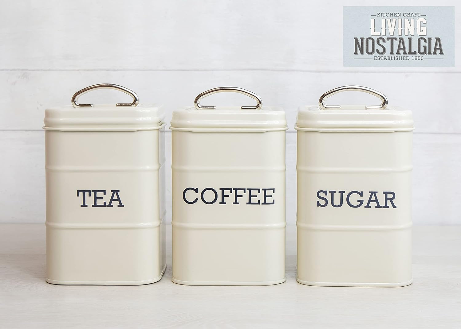 KitchenCraft Living Nostalgia Set di 3 barattoli per tè, zucchero e caffè in confezione regalo, Acciaio, Crema anticata, 11 cm x 11 cm x 17 cm, Scatole per alimenti blu vintage Naty Shop