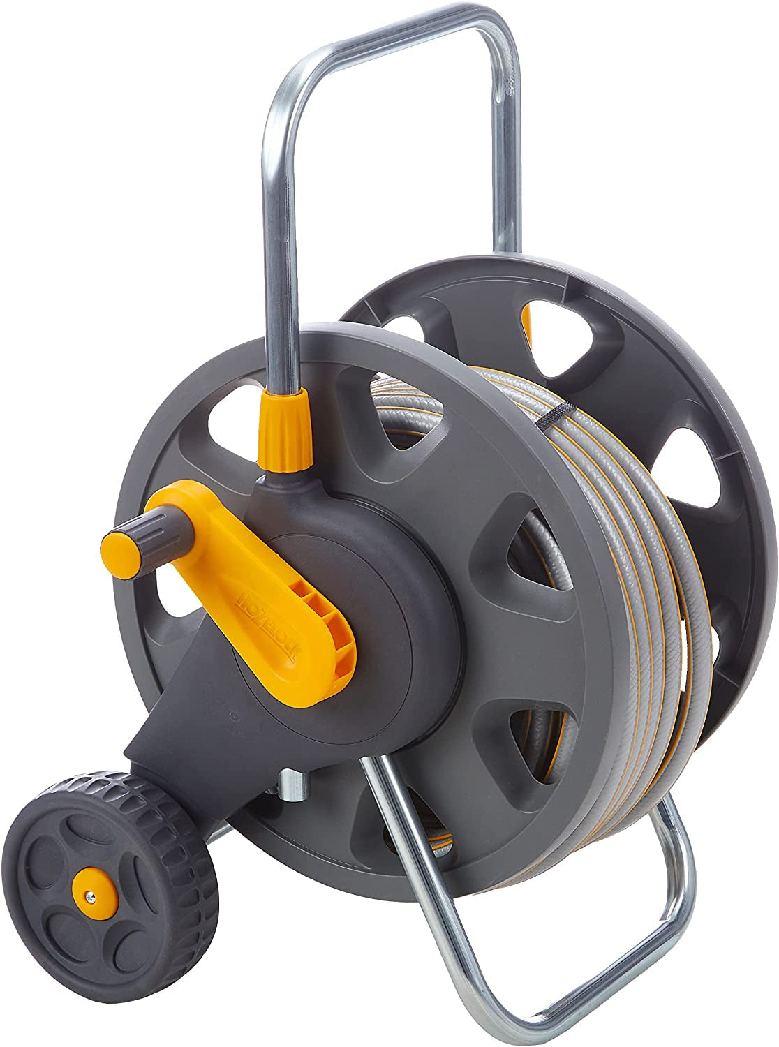 HOZELOCK - Avvolgitubo Plus 50 M (Ø 12,5 mm) assemblato: Portata max 60 m, stabile e robusto per uso generale, assemblato con tubo da 50 m, 1 ugello spruzzatore + connettori [2435R0000]