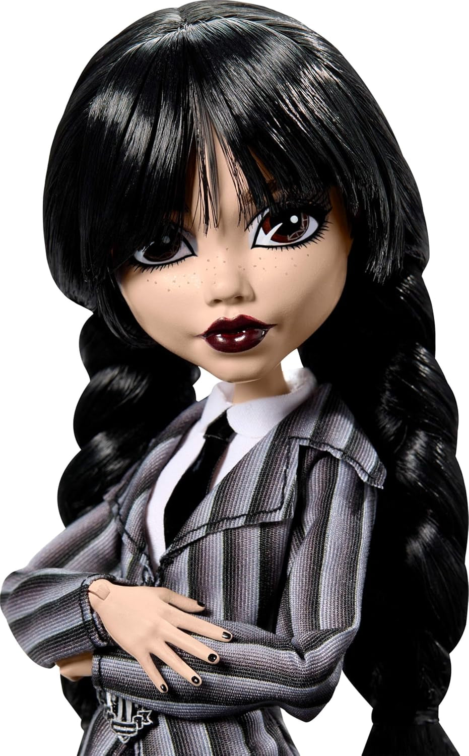 Monster High Wednesday Puppe e accessori, Wednesday Addams Sammelfigur in Nevermore Academy Uniform mit Eiskaltem Händchen und Rucksack, Puppenständer, HXJ04