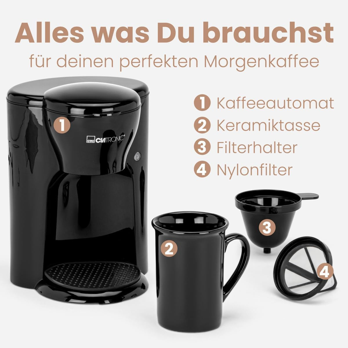 Caffettiera Clatronic® da 1 tazza | Macchina per caffè espresso perfetta per single | Macchina per caffè espresso con filtro, inclusa tazza in ceramica | Piccola macchina per caffè espresso con filtro, ideale per i viaggi | KA 3356