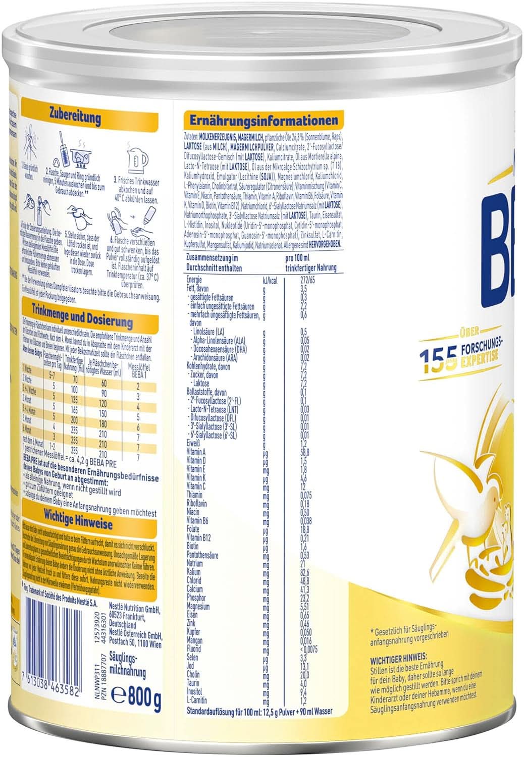 BEBA PRE Latte Iniziale dalla Nascita, Alimenti per Bambini con DHA, Solo Lattosio, Senza Olio di Palma, Confezione 3 (3 x 800g) Naty Shop