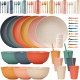 Set di posate indistruttibili per 6 persone Set di posate da campeggio 66 pezzi Set di posate da picnic in plastica Leggero colorato BBQ Piatti da portata in plastica Ciotole Set di posate