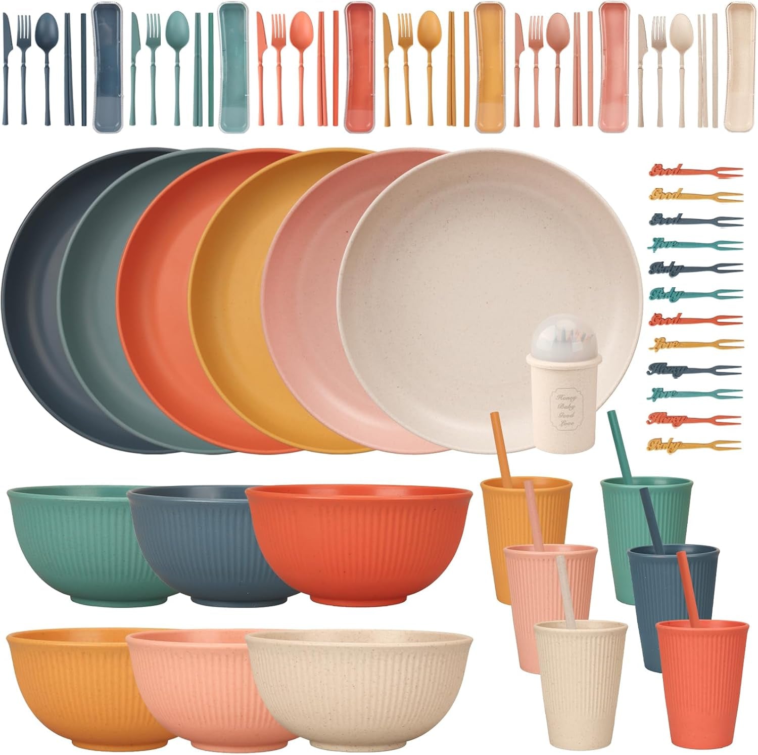 Set di posate indistruttibili per 6 persone Set di posate da campeggio 66 pezzi Set di posate da picnic in plastica Leggero colorato BBQ Piatti da portata in plastica Ciotole Set di posate