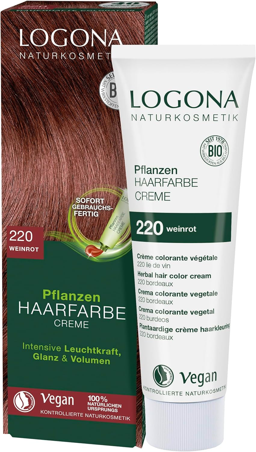 LOGONA Natural Cosmetics Crema colorante vegetale per capelli 240 Castano nocciola, Crema colorante naturale per capelli castani all'henné, Crema colorante toni castani, Tinta per capelli scuri, 150ml Naty Shop Tintura per capelli 220 Rosso vino [Tiziano]