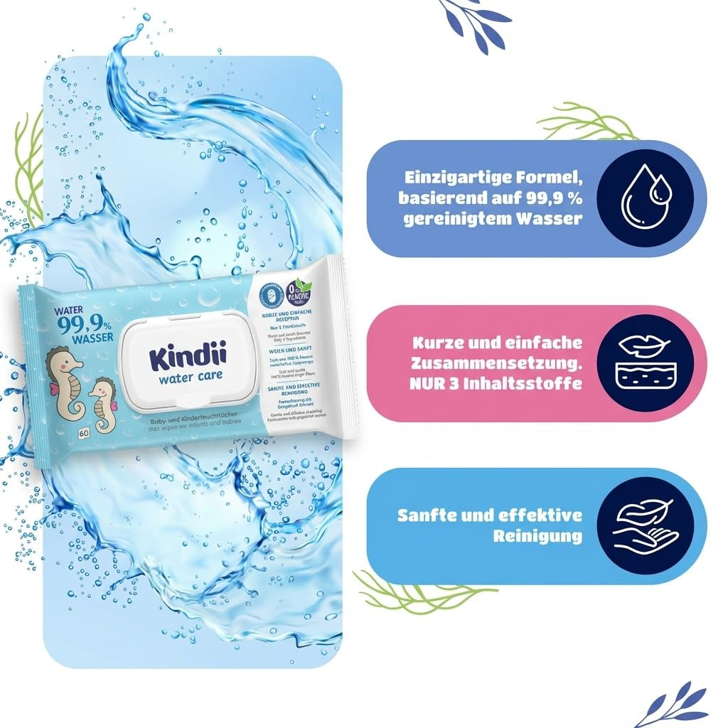 Salviettine umidificate Kindii Water Care - Aqua Baby Wipes - 100% viscosa, 99,9% acqua, estratto di pompelmo, dimensioni sciarpa 150x200, 100% biodegradabile, senza plastica, salviette detergenti per pelli sensibili