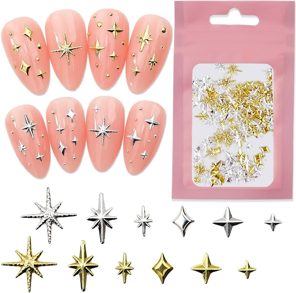 120 pezzi Ciondoli per unghie Stella Oro-Argento Stella Y2K Chiodi Ciondoli per stella in metallo Dimensioni miste Viti per unghie Design per unghie stella Nail art Ciondoli a stella 3D Decorazione per unghie Ciondoli per unghie Accessori per unghie