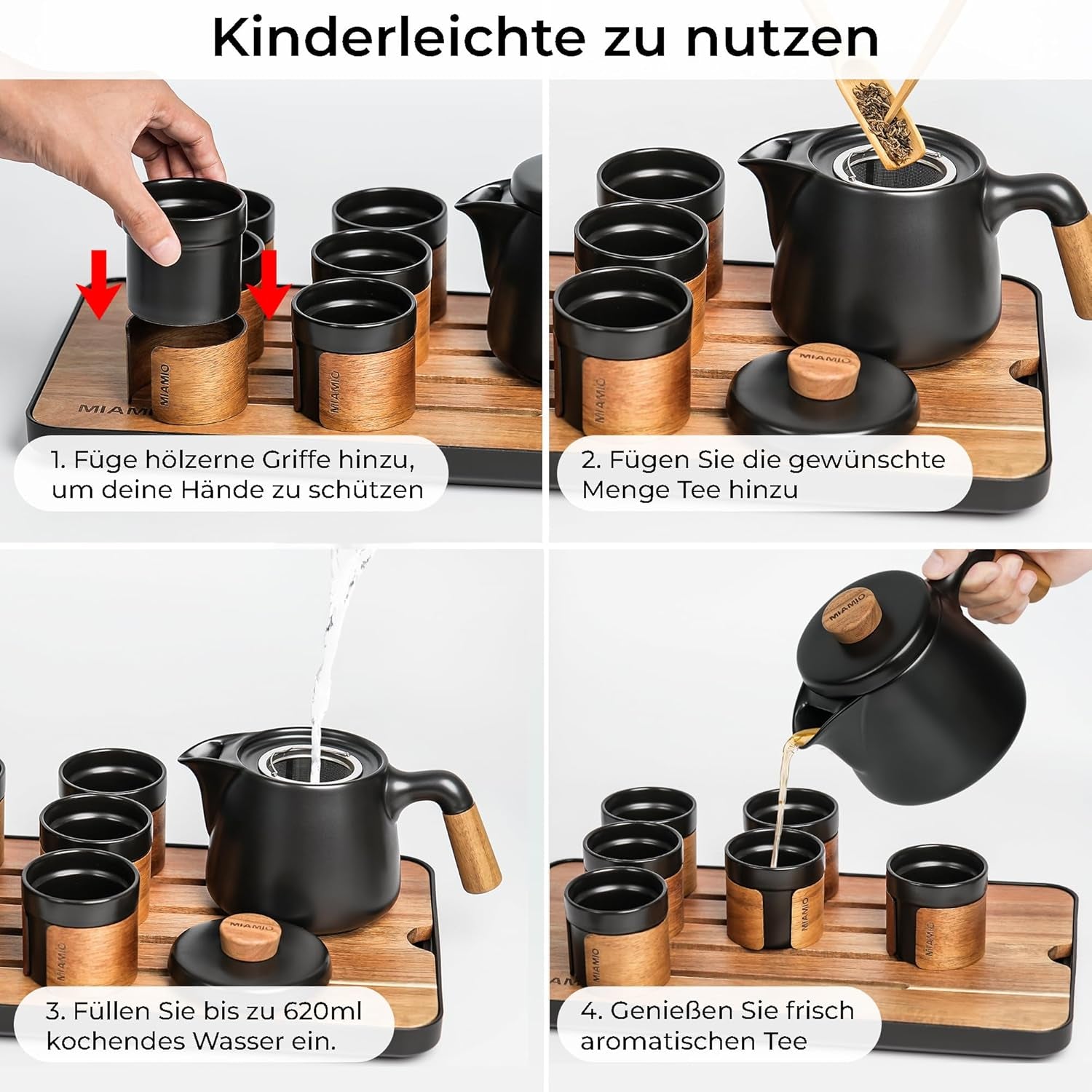 MIAMIO - Set da tè giapponese/cinese 6 x 100 ml / Teiera asiatica da 620 ml con infusore per il tè, set da teiera tradizionale giapponese per amanti del tè/uomini/donne (nero)