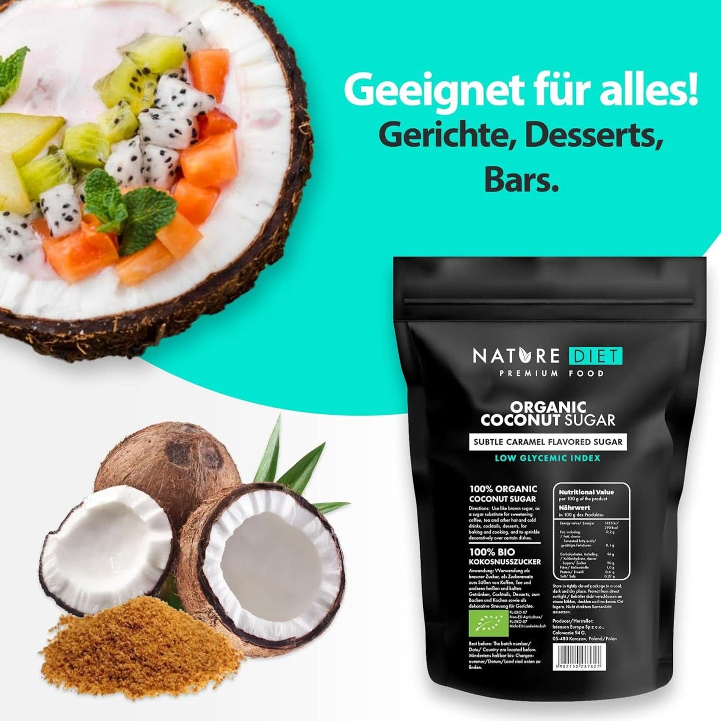 Zucchero di cocco biologico, gusto caramello, Dolcificanti da 1,5 Kg Naty Shop