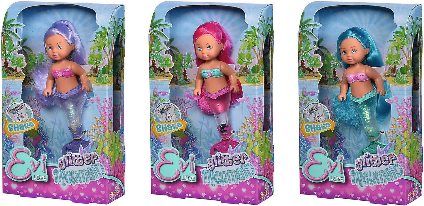 Simba 105733482 - Evi Love Glitter Sirena, bambola sirena con una pinna caudale che si illumina quando viene agitata. Viene fornito UN solo articolo.