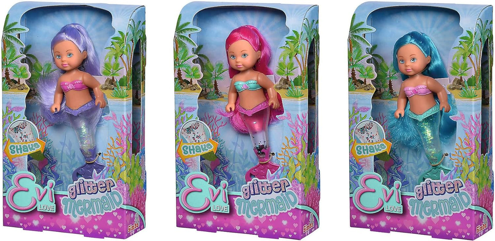 Simba 105733482 - Evi Love Glitter Sirena, bambola sirena con una pinna caudale che si illumina quando viene agitata. Viene fornito UN solo articolo.