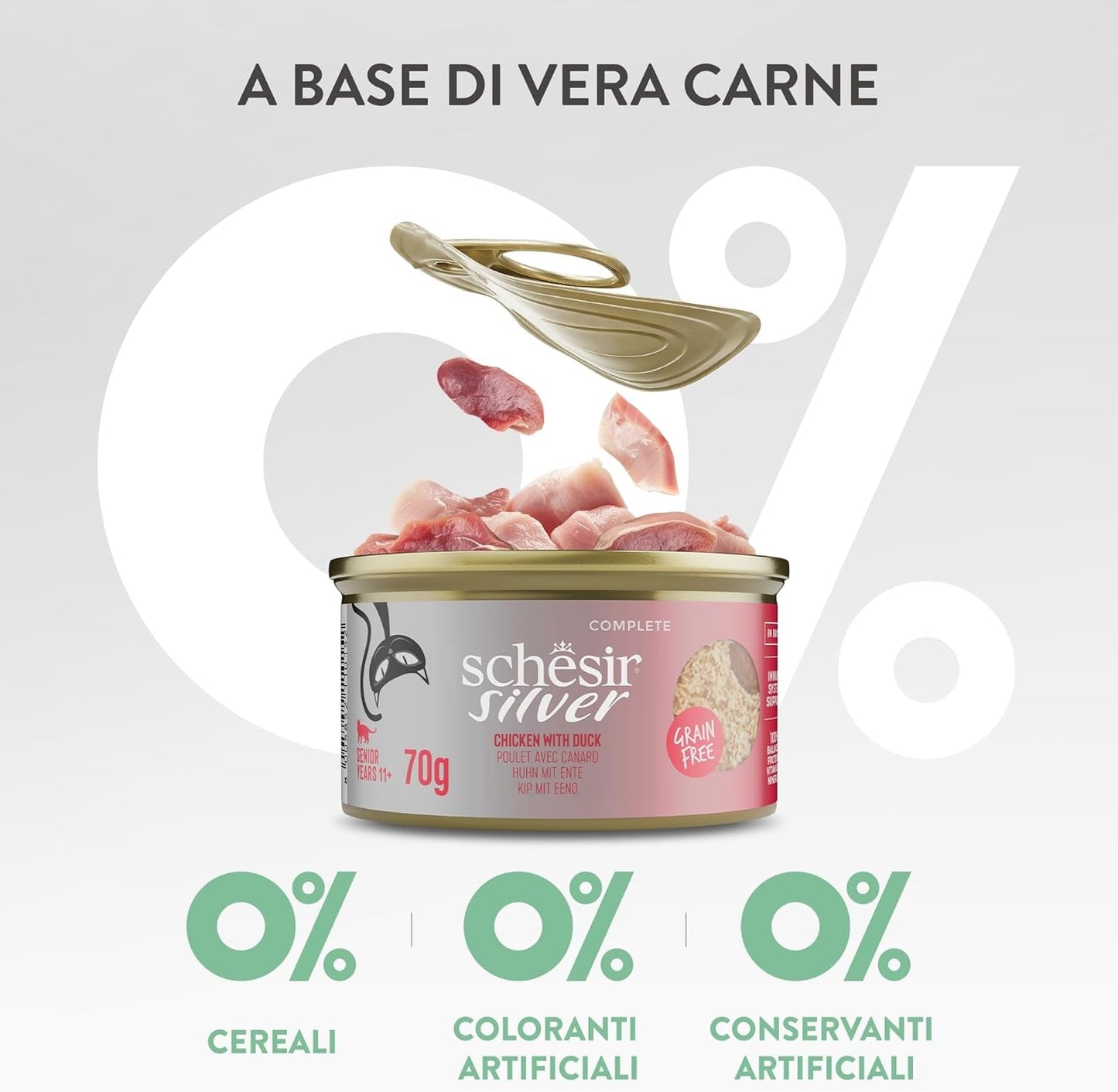 Pollo Silver con mousse e filetti d'anatra, alimento umido completo per gatti anziani, senza cereali, supporto immunitario, fonte di umidità, 12 x 70g