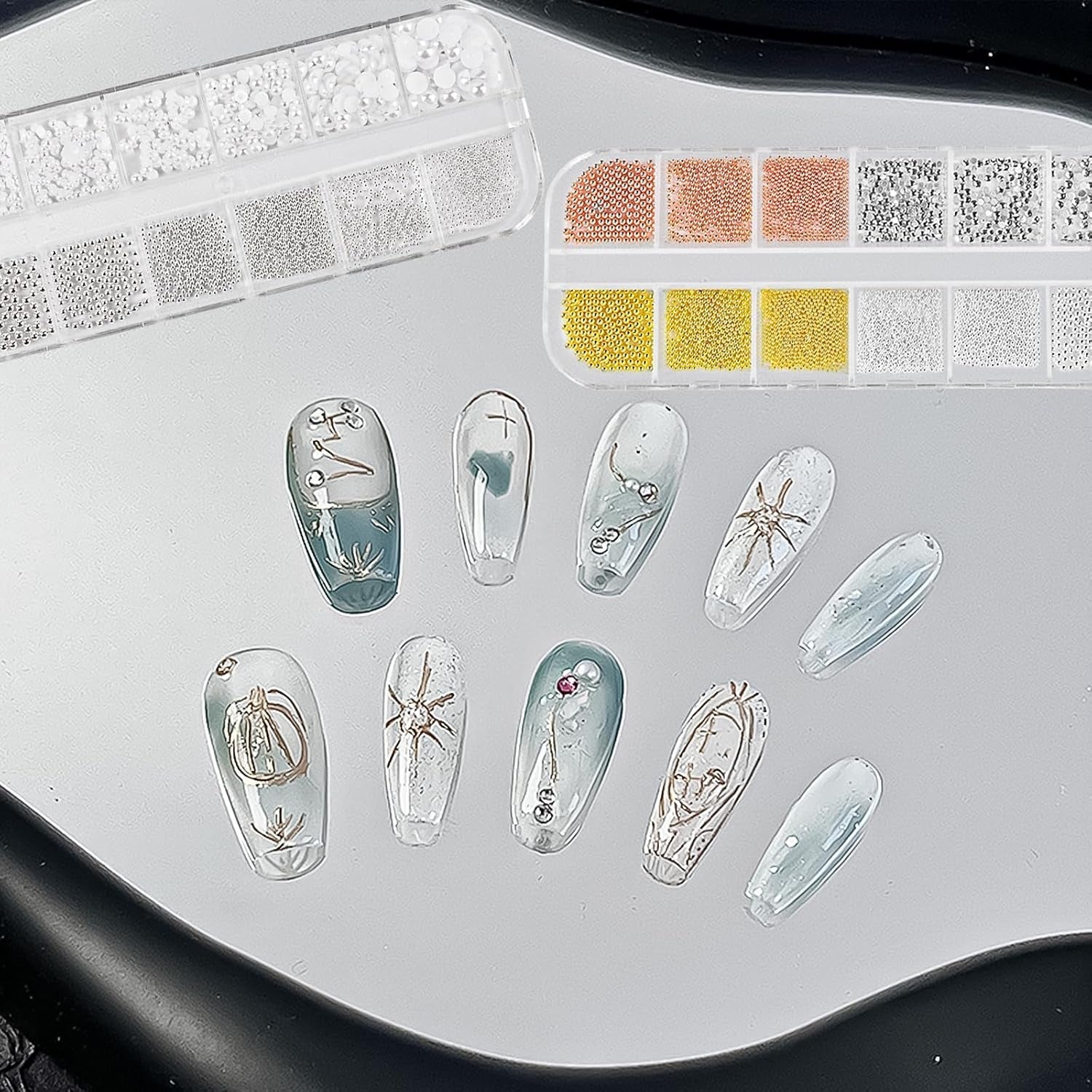 2 Boxen Nail Art Strasssteine, Mit Tweezers Nägel Flatback Perlen Nail Charms Mit Kristallen Nagelzubehör Diamanten Edelstahl-Perlen Für Nagelschmuck