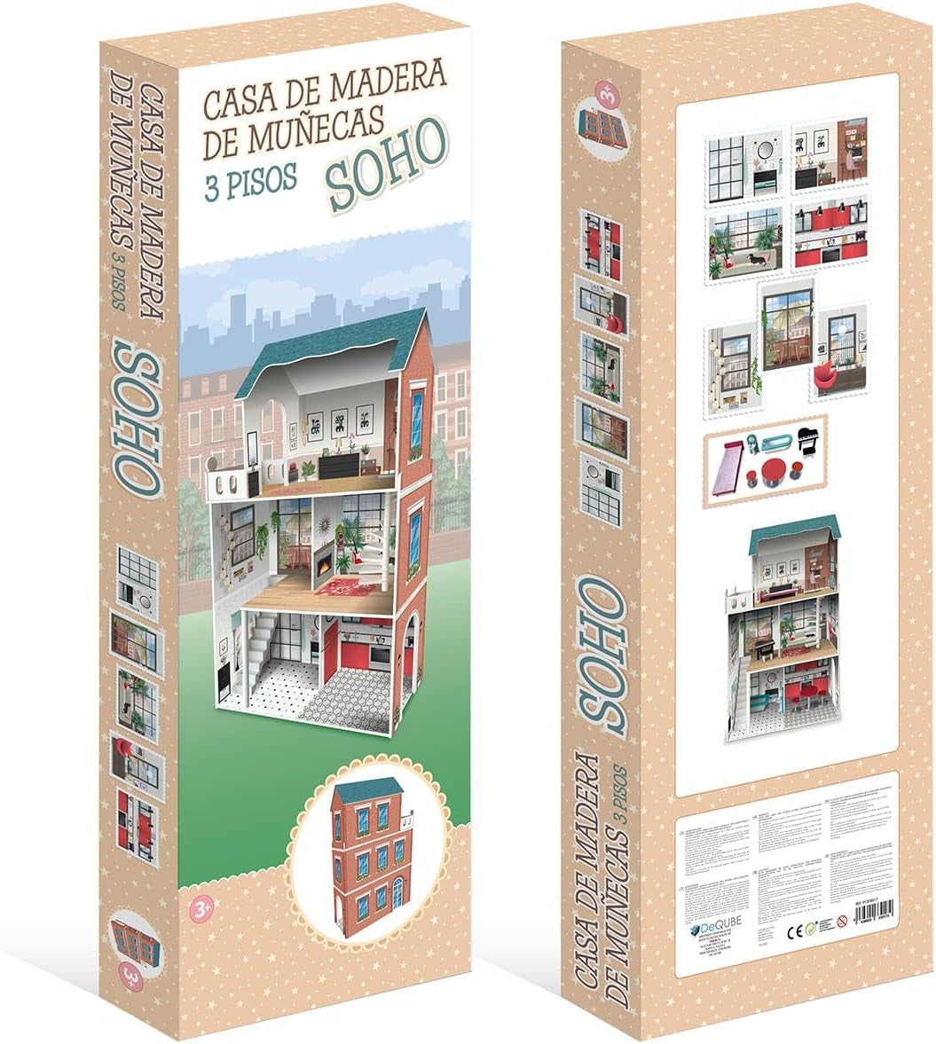 Casa delle bambole design Soho-Madera a 3 piani con 8 mobili, dimensioni 120 X 33 X 75 cm (913D00181) Naty Shop Dollhouses