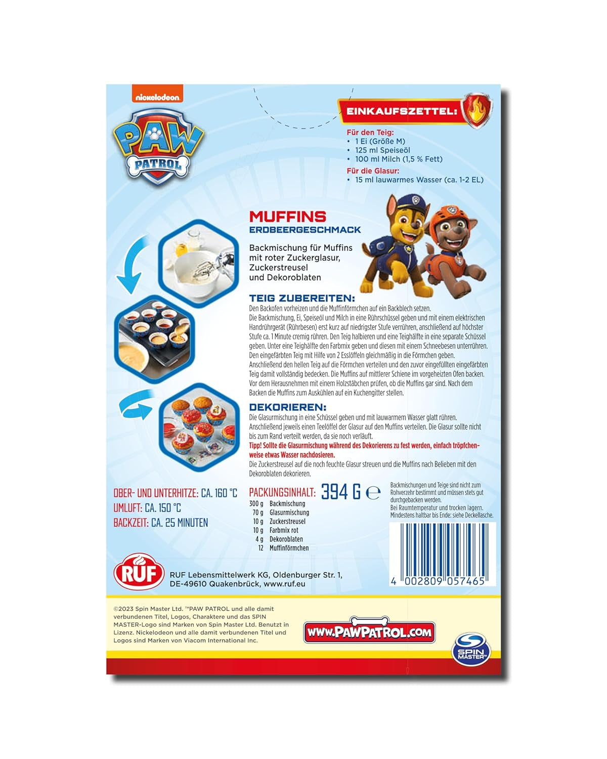 RUF X PAW Patrol Muffin Backmischung Mit Erdbeer-Geschmack, Für 12 Paw Patrol Muffins, Inkl.16 Oblaten-Auflegern und Pawsome Muffin-Förmchen, 1 X 394G Naty Shop