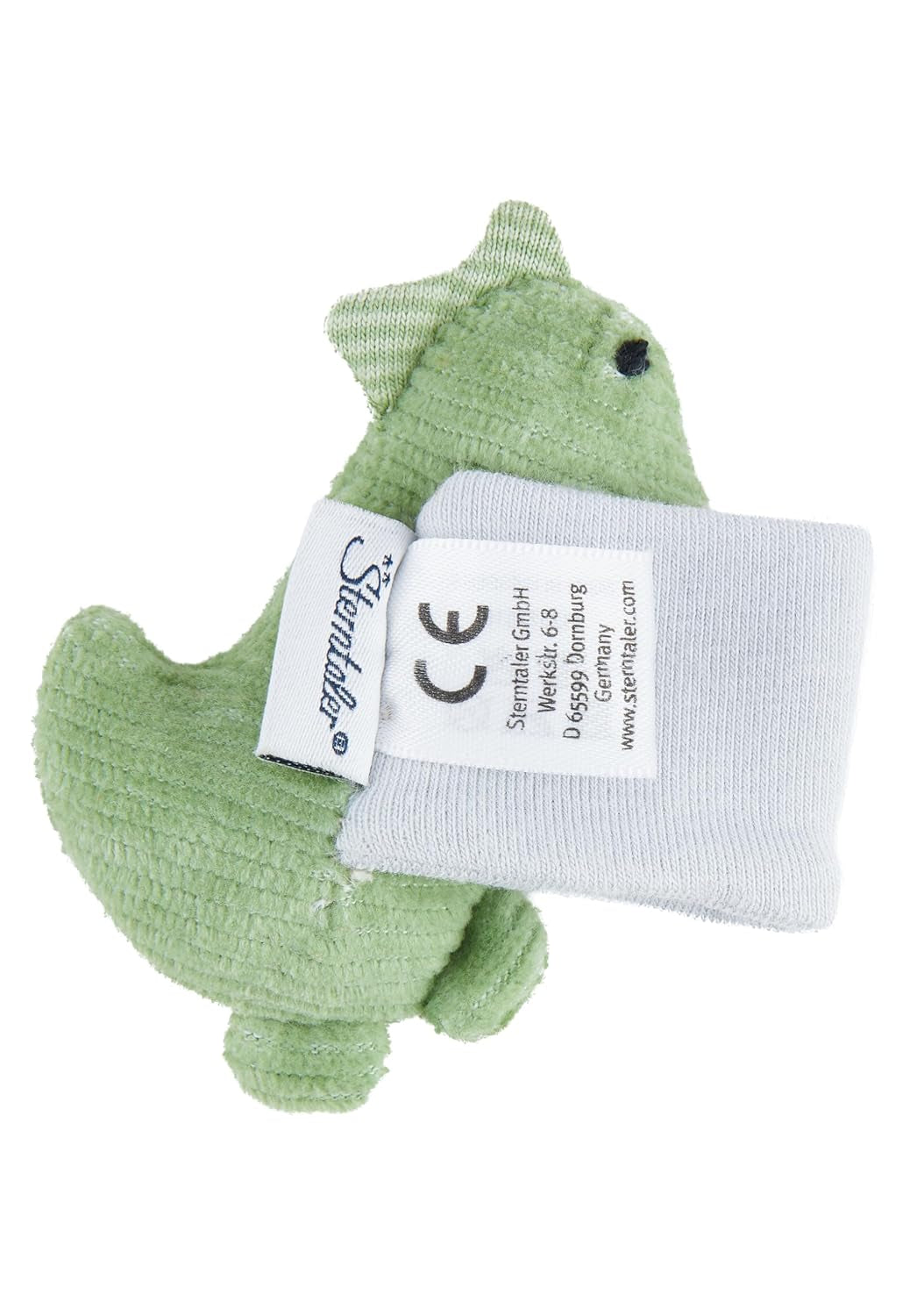 Sterntaler Dino Rexi Sonaglio da braccio - Sonaglio da braccio morbido e morbido - Sonaglio da mano per bebè con cinturino elastico - Giocattolo per bambini per giocare, abbraccio e sonaglio, Verde pietra Giocattoli per bambini Naty Shop