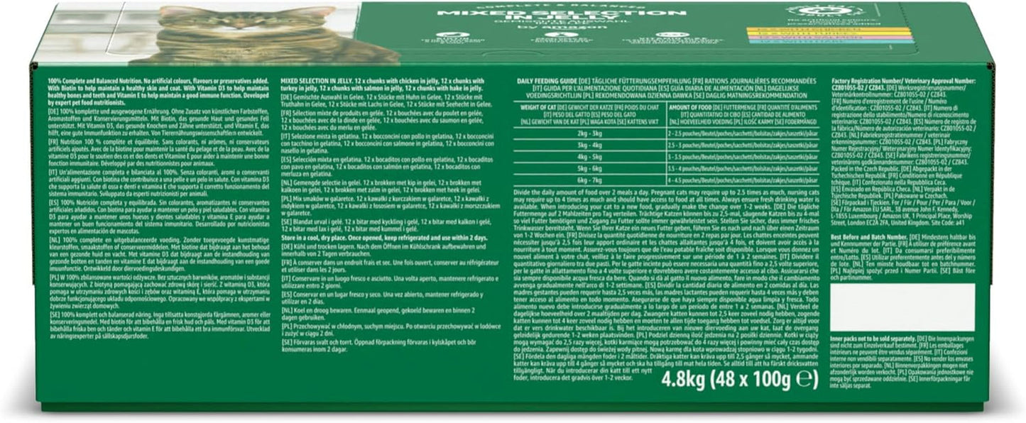 Alimento umido per gatti Amazon senza cereali per gatti adulti Selezione mista in gelatina da 4,8 kg (48 confezioni da 100 g ciascuna)