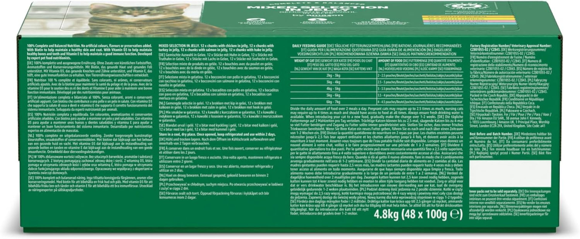 Alimento umido per gatti Amazon senza cereali per gatti adulti Selezione mista in gelatina da 4,8 kg (48 confezioni da 100 g ciascuna)