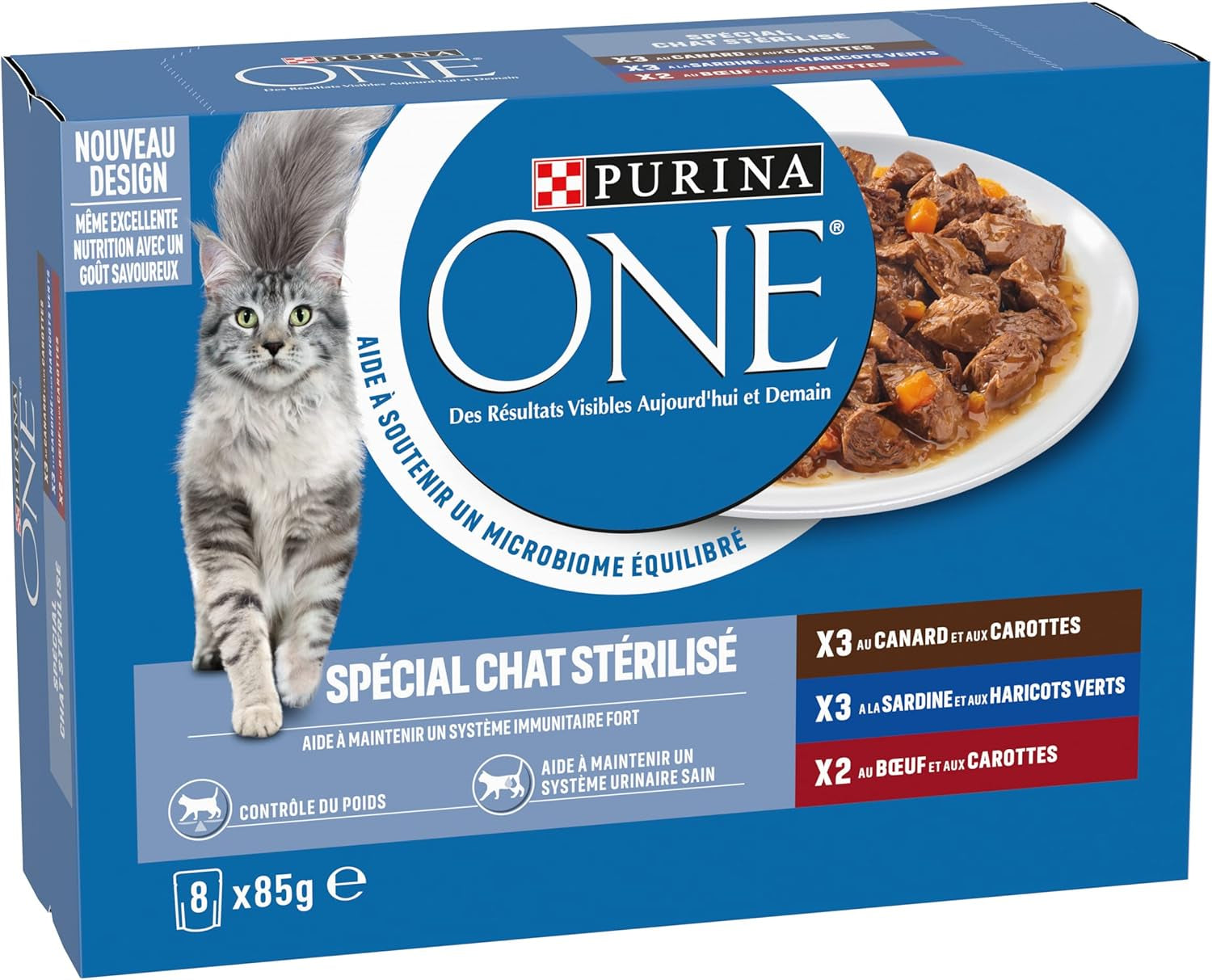 PURINA UNO | BIFENSI | Alimento per gatti adulti sterilizzati | Supporta la vitalità, le ossa, i muscoli e le articolazioni del gatto | In salsa | Buste con anatra, sarde, manzo, freschezza | 1 pezzo (8 x 85 g)