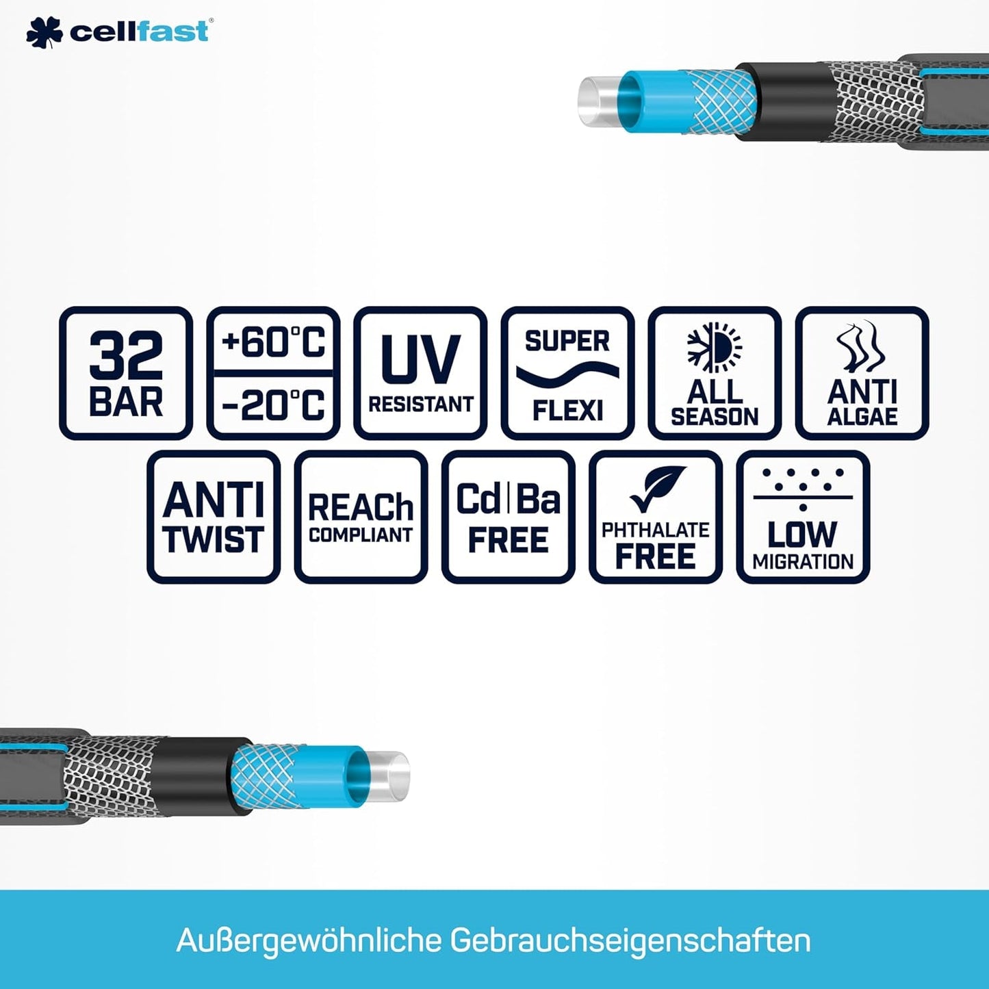Tubo da giardino CELLFAST Tubo dell'acqua a 6 strati Tubo per irrigazione in tessuto a doppia treccia Tubo flessibile anti-alghe resistente ai raggi UV 32 Bar 1 pollice 25 metri Hobby