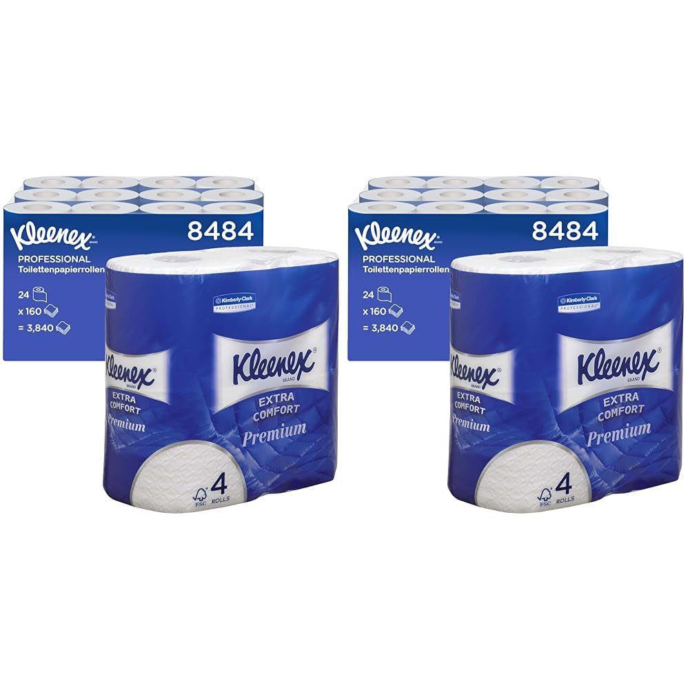 Rotoli di carta igienica Kleenex Premium 8484, carta igienica 24 rotoli x 160 fogli gonfiati, carta igienica a 4 veli, fibra pura al 100%, alta qualità, resistente agli strappi e morbida (confezione da 2)