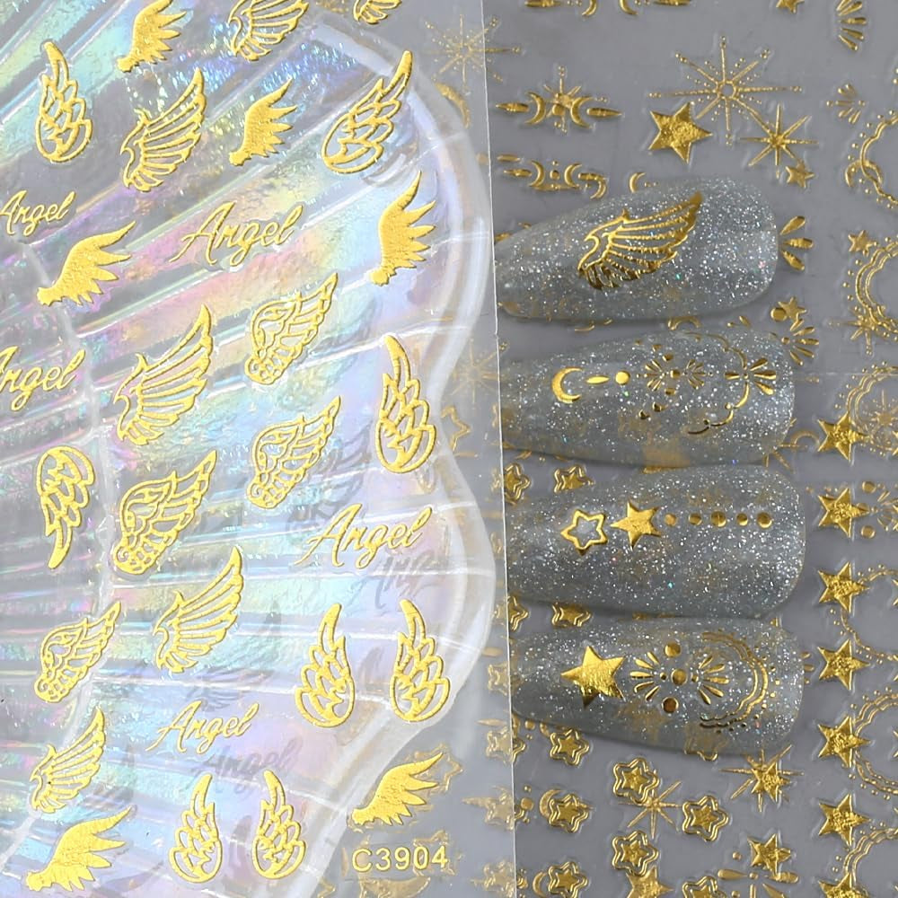 8 fogli Luna e stelle dorate Adesivi per nail art Ali d'angelo Adesivi per unghie color oro marrone chiaro Stelle Foil per unghie Adesivi autoadesivi per unghie Accessori per il design delle unghie Adesivi per unghie