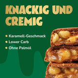 Barrette di cioccolato al caramello e nocciole avanti | 12 tavolette di cioccolato x 35 g senza zuccheri aggiunti | 1,9 g di zucchero per barretta | Gusto croccante di nocciola e caramello | Dolci a basso contenuto di carboidrati | Niente olio di palma