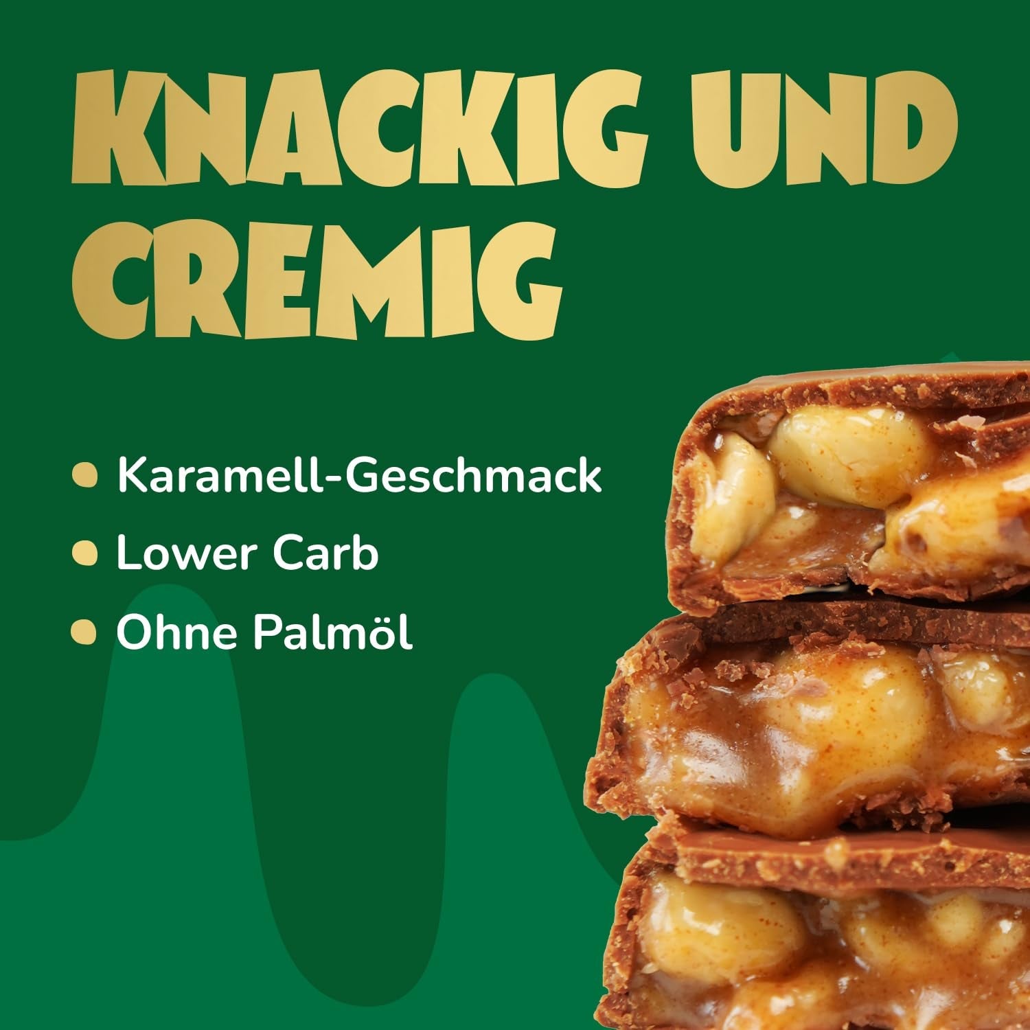 Barrette di cioccolato al caramello e nocciole avanti | 12 tavolette di cioccolato x 35 g senza zuccheri aggiunti | 1,9 g di zucchero per barretta | Gusto croccante di nocciola e caramello | Dolci a basso contenuto di carboidrati | Niente olio di palma
