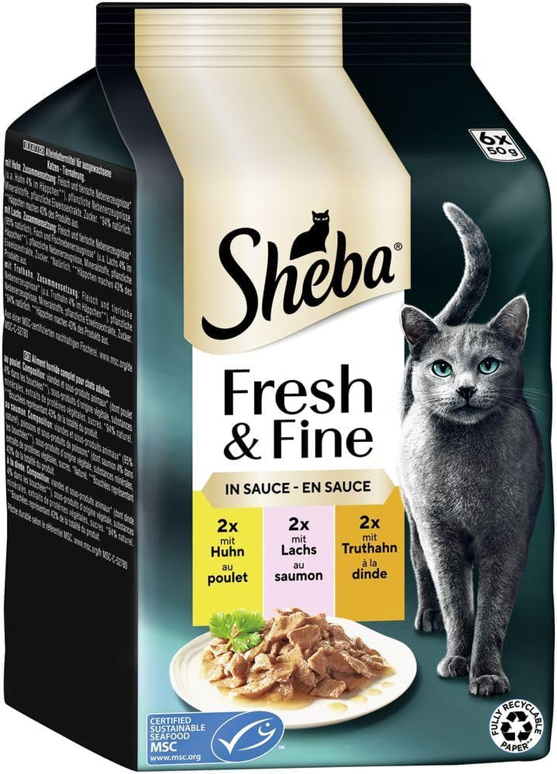 Sheba Portion Pouches Cibo umido per gatti, confezione multipack Fresh & Fine in salsa con pollo e salmone MSC, 6x6x50g - Piatti fini per gatti in salsa