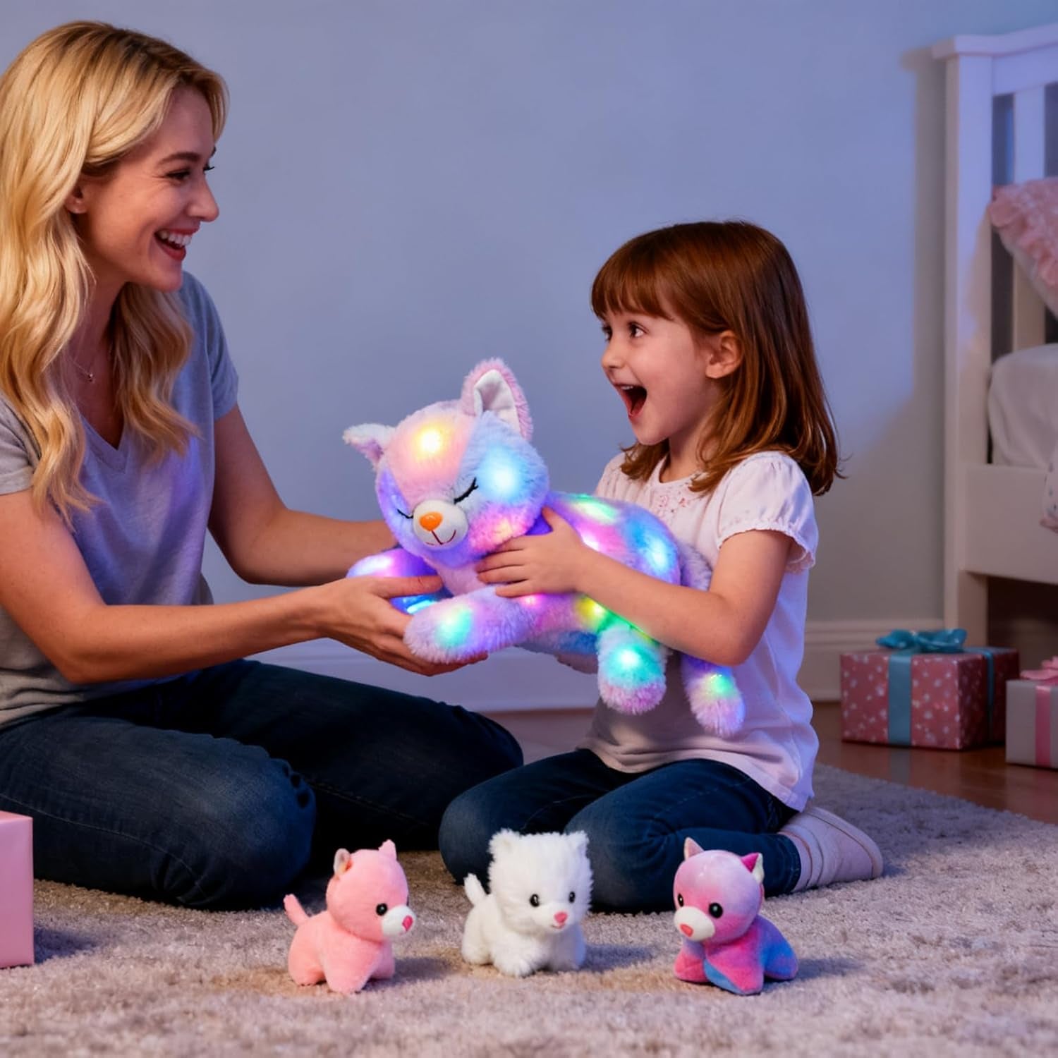 Gatto di Peluche Musicale a LED, Giocattolo Cantante Leggero, Mamma Gatta con 3 Gattini nella Pancia, Ninna Nanna Animata, Giocattolo Rilassante per Mamme, Bambini, Bambine, Arcobaleno, 45 cm